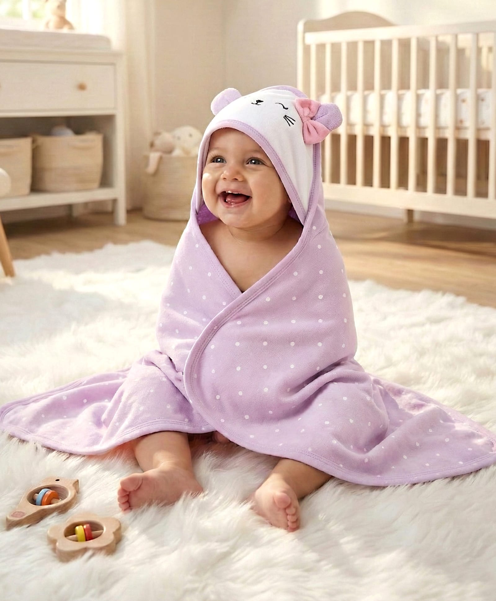 Babyhug Cotton Knit Hooded Wrapper With Polka Dots & Bow Applique L 65 x B 61 cm - Lavender