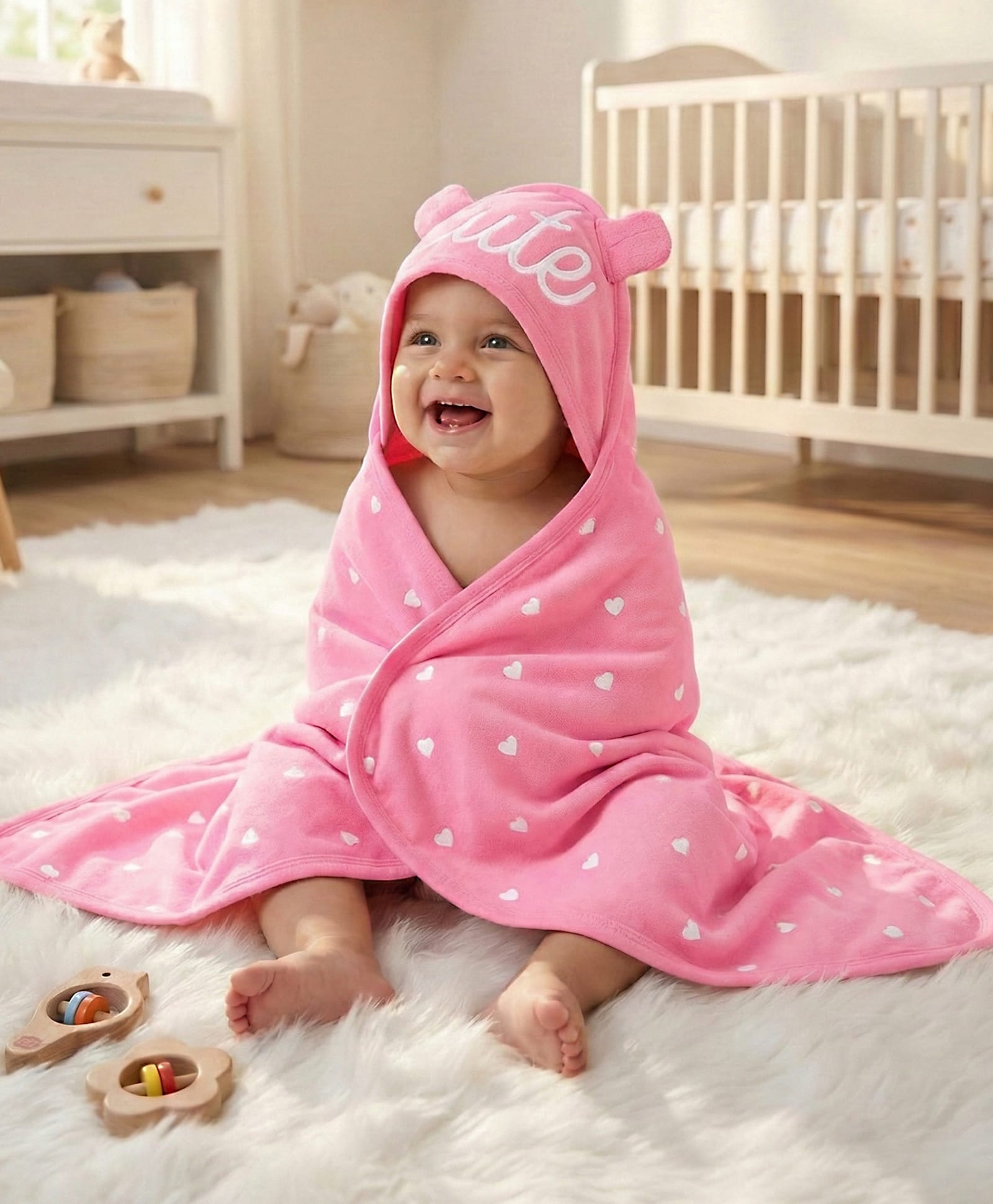 Babyhug Cotton Knit Hooded Wrapper With Hearts Print L 65 x B 61 cm - Pink