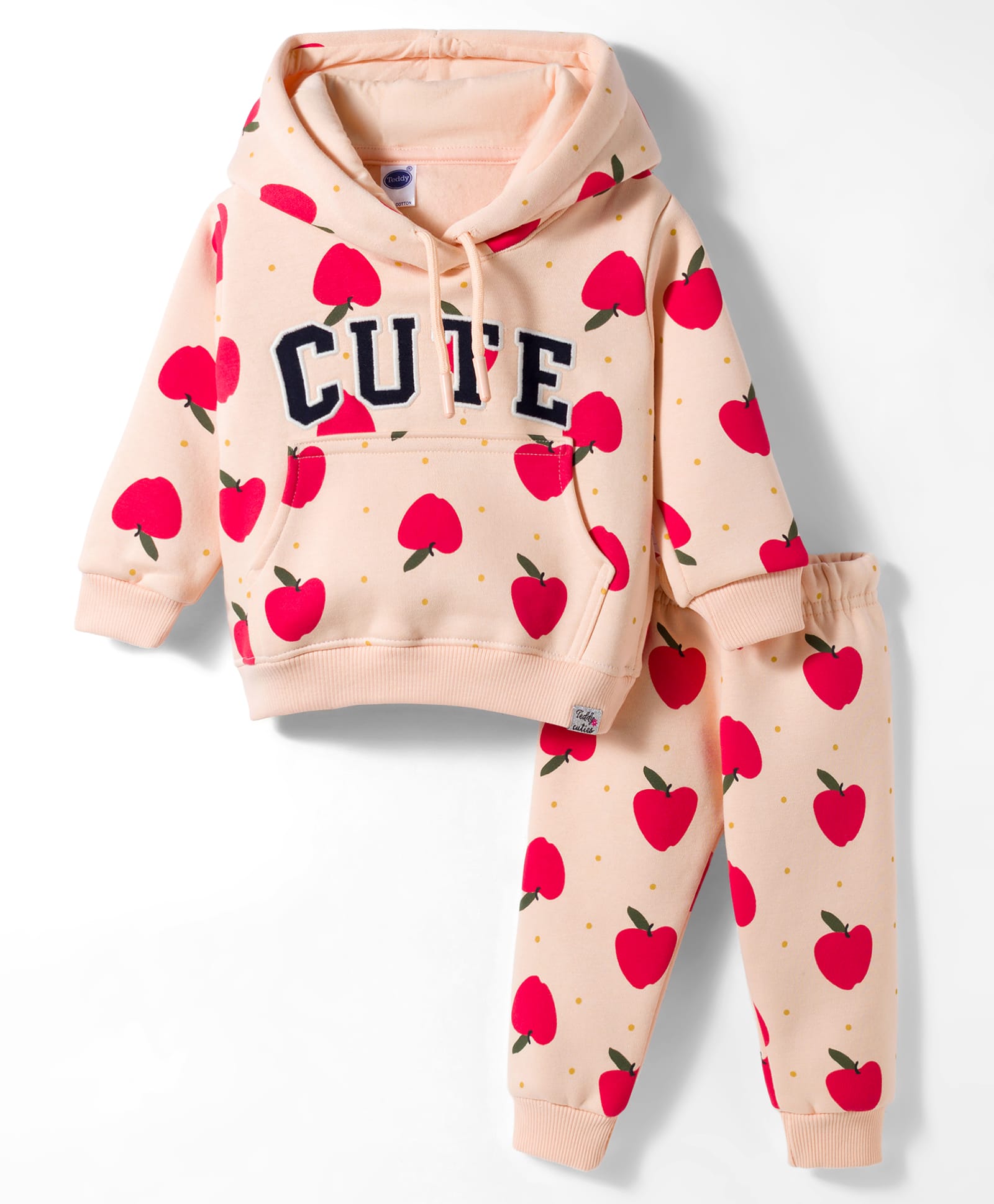 Teddy Fleece Knit Full Sleeves Winter Wear Hooded Co-ord Night Suit With Apple Print - Light Orange-picture-15