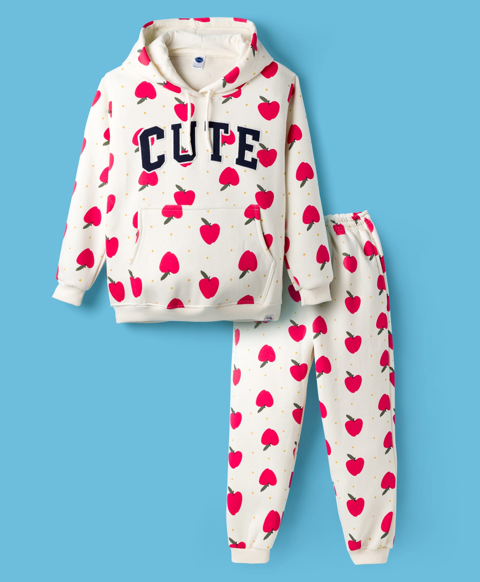 Teddy Fleece Knit Full Sleeves Winter Wear Hooded Co-ord Night Suit With Apple Print - White-picture-5