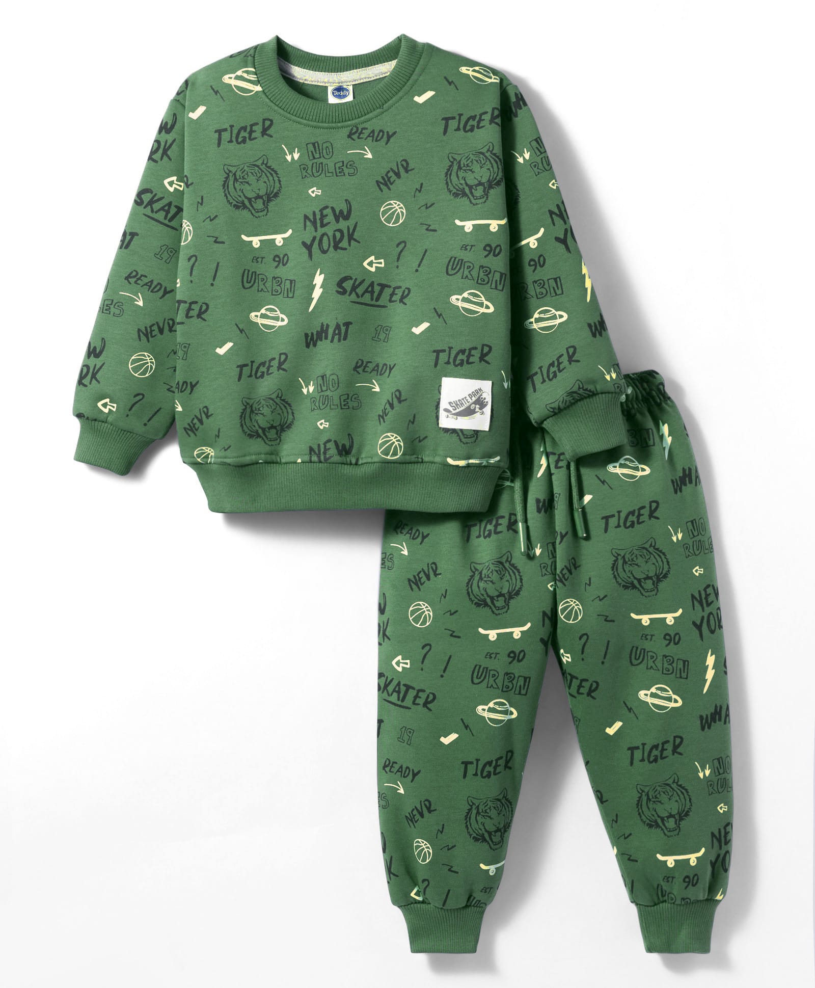Teddy Fleece Knit Full Sleeves Winter Wear Co-ord Night Suit With Text Print - Green-picture-23