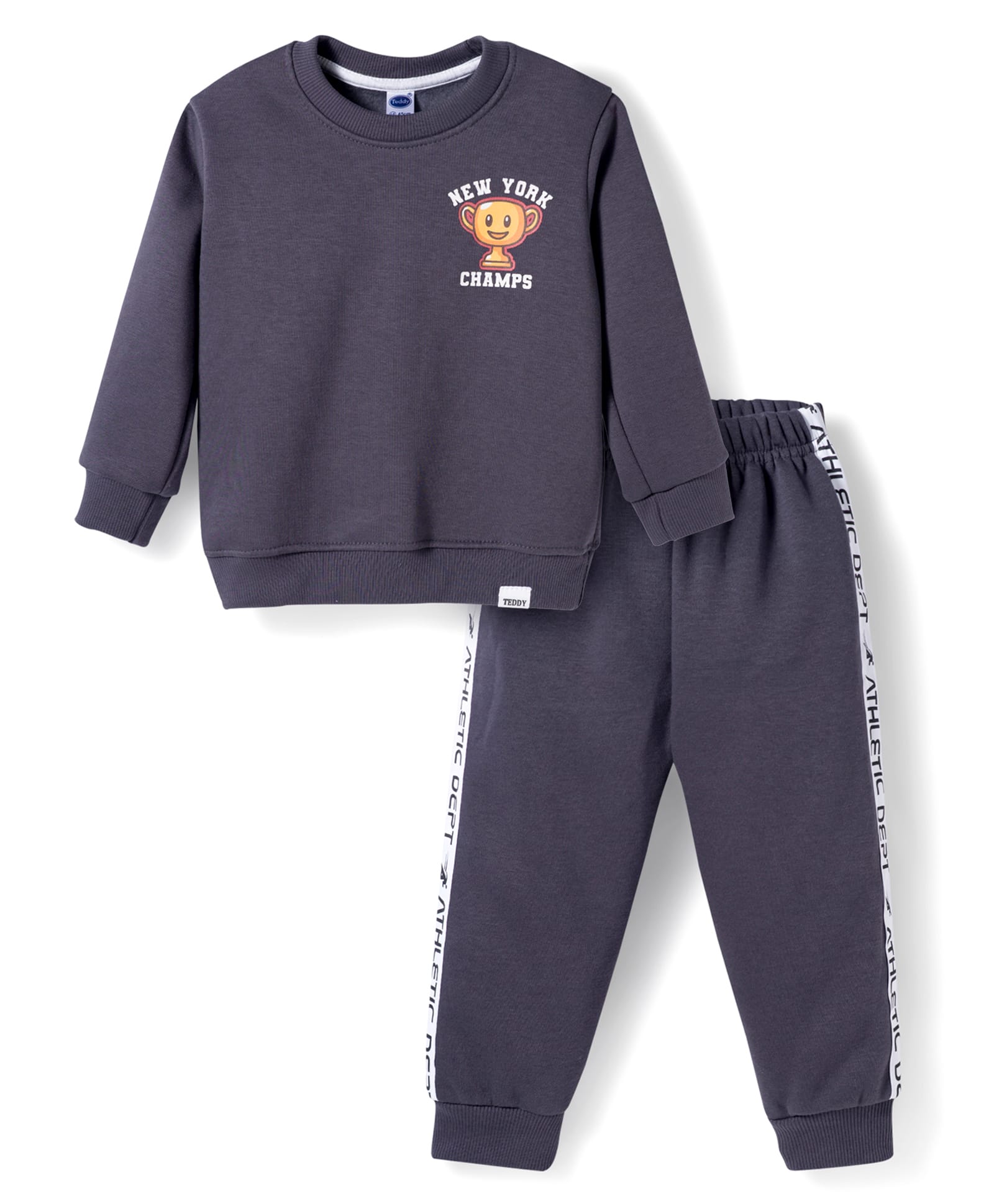 Teddy Fleece Knit Full Sleeves Winter Wear Suit with Sport Print - Charcoal Grey-picture-16