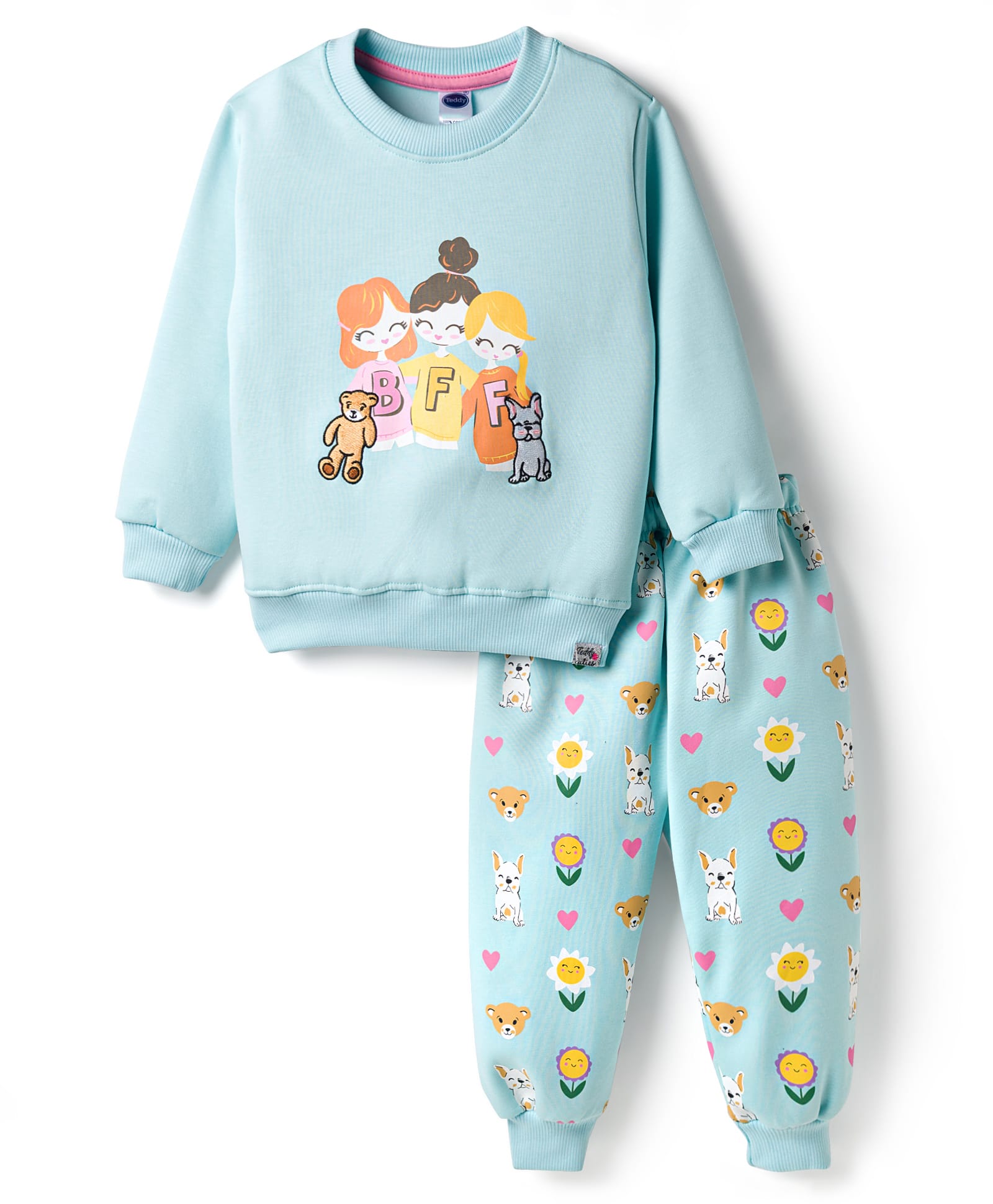 Teddy Fleece Knit Full Sleeves Winter Wear Suit with Animal Print - Aqua Blue-picture-2