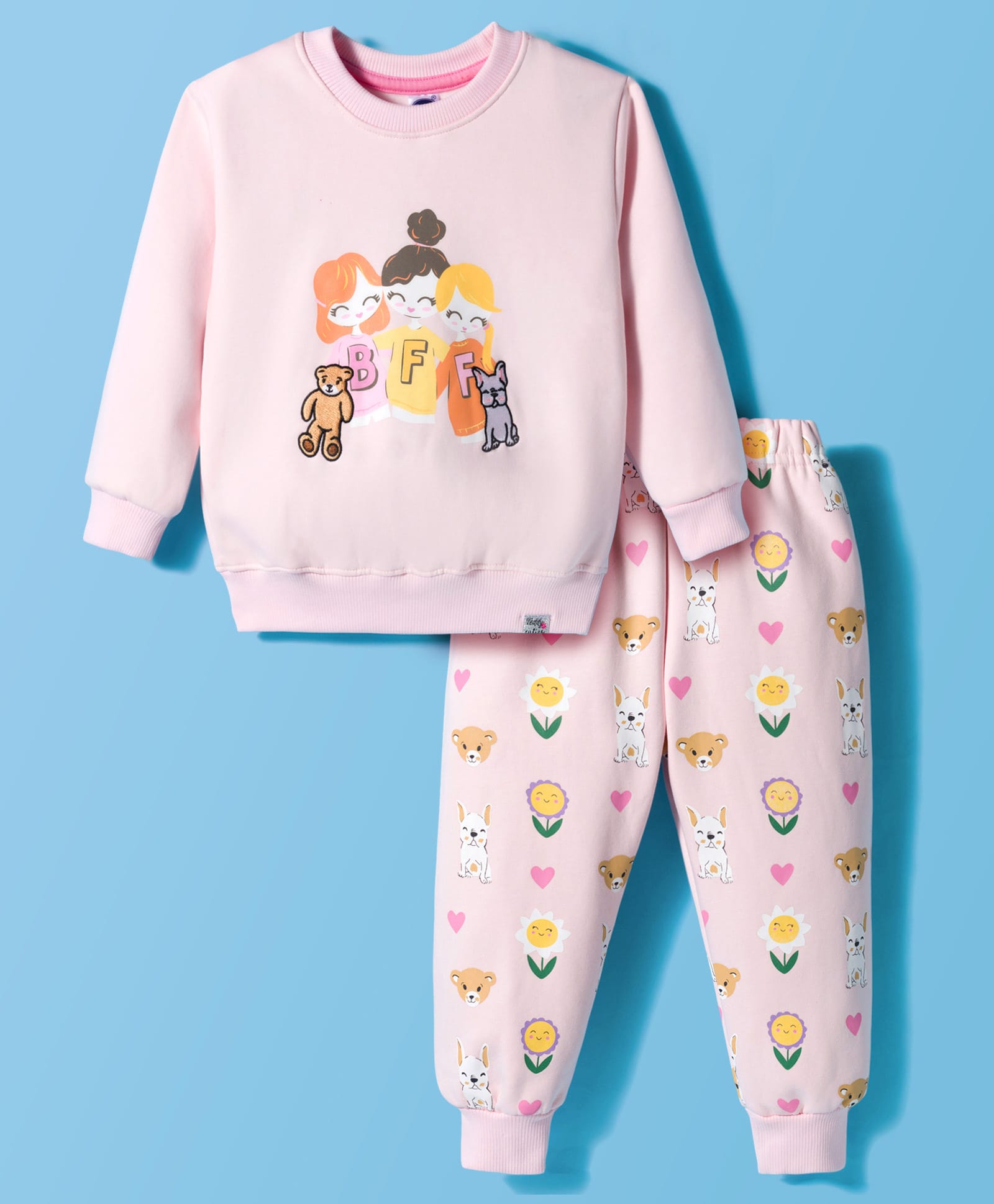 Teddy Fleece Knit Full Sleeves Winter Wear Suit with Animal Print - Pink-picture-0