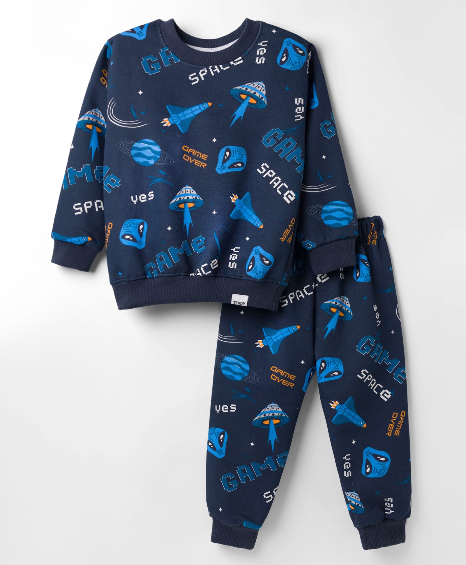Teddy Fleece Knit Full Sleeves Winter Wear Co-ord Night Suit With Space Theme Print - Navy Blue-image-26