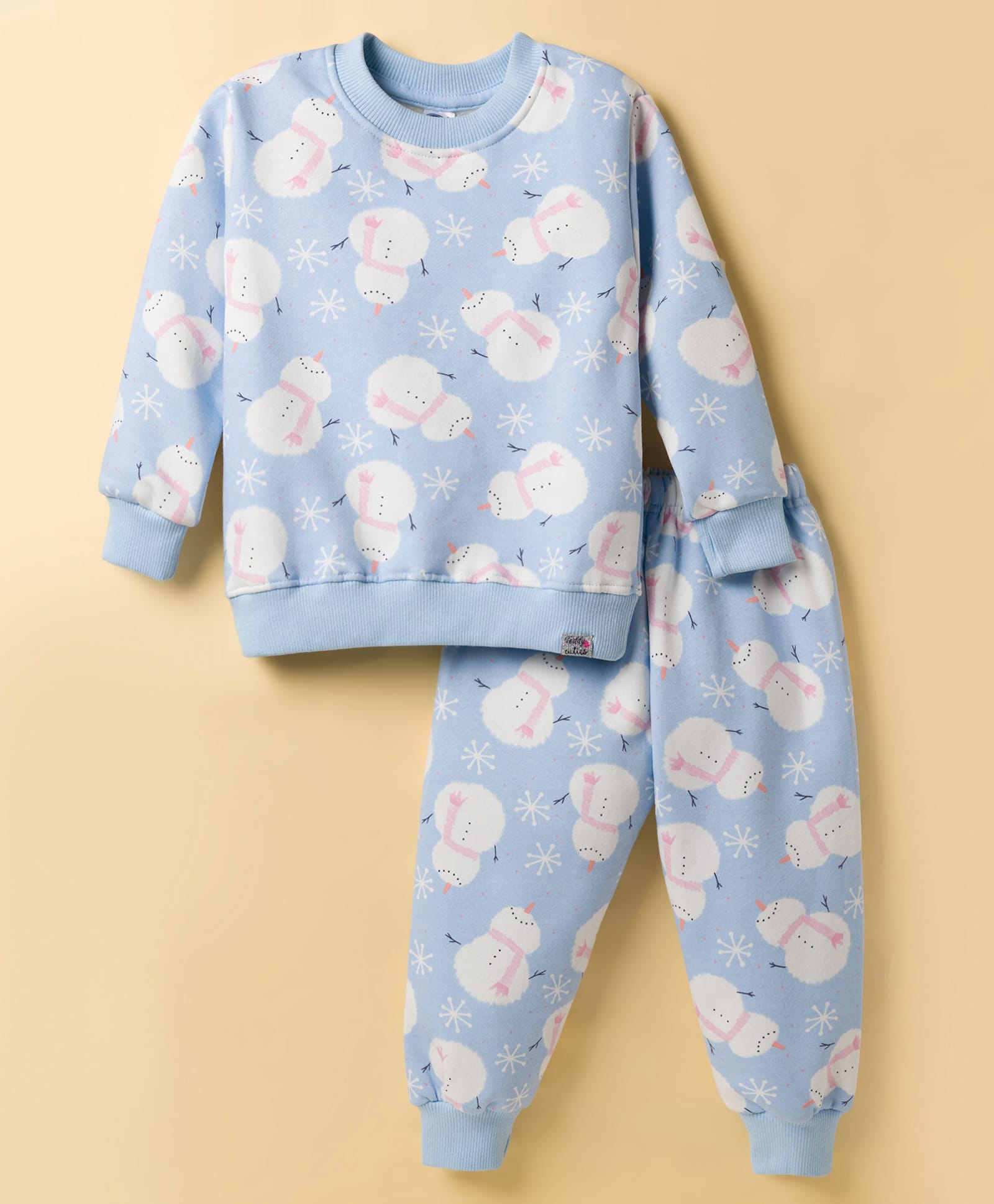 Teddy Fleece Knit Full Sleeves Winter Wear Co-ord Night Suit With Snowman Print - Light Blue-picture-40