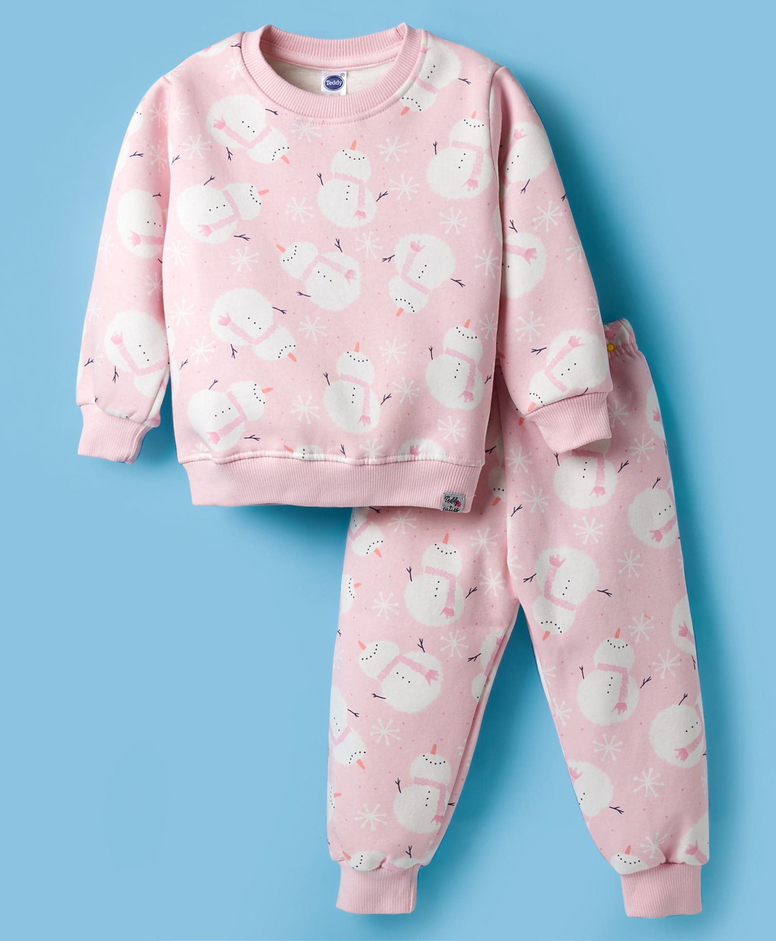 Teddy Fleece Knit Full Sleeves Winter Wear Co-ord Night Suit With Snowman Print - Pink-picture-8