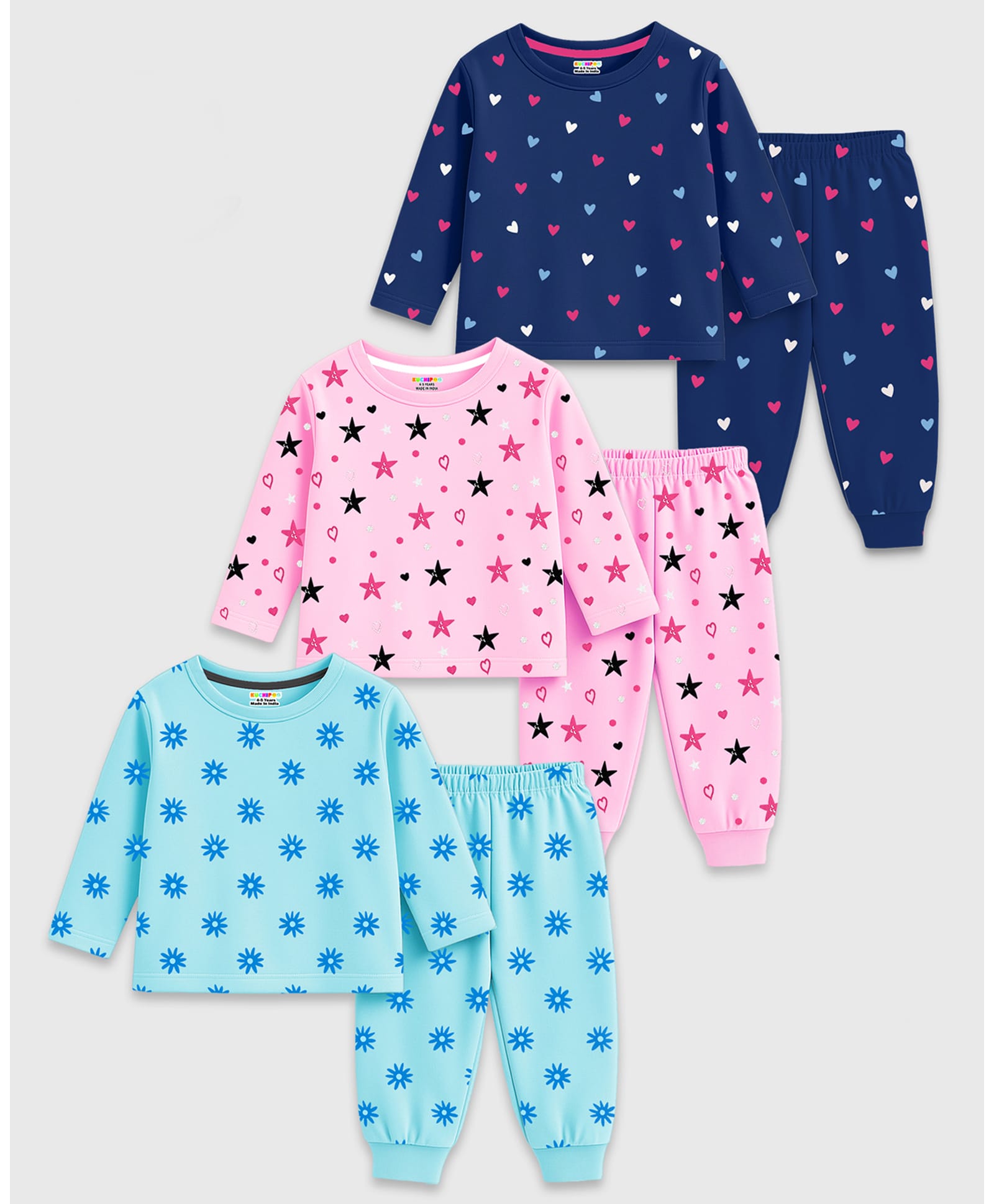KUCHIPOO Cotton Blend Knit Pack Of 3 Full Sleeves Hearts And Stars Printed Co-Ordinating Tees & Joggers Set - Multi Colour-picture-23