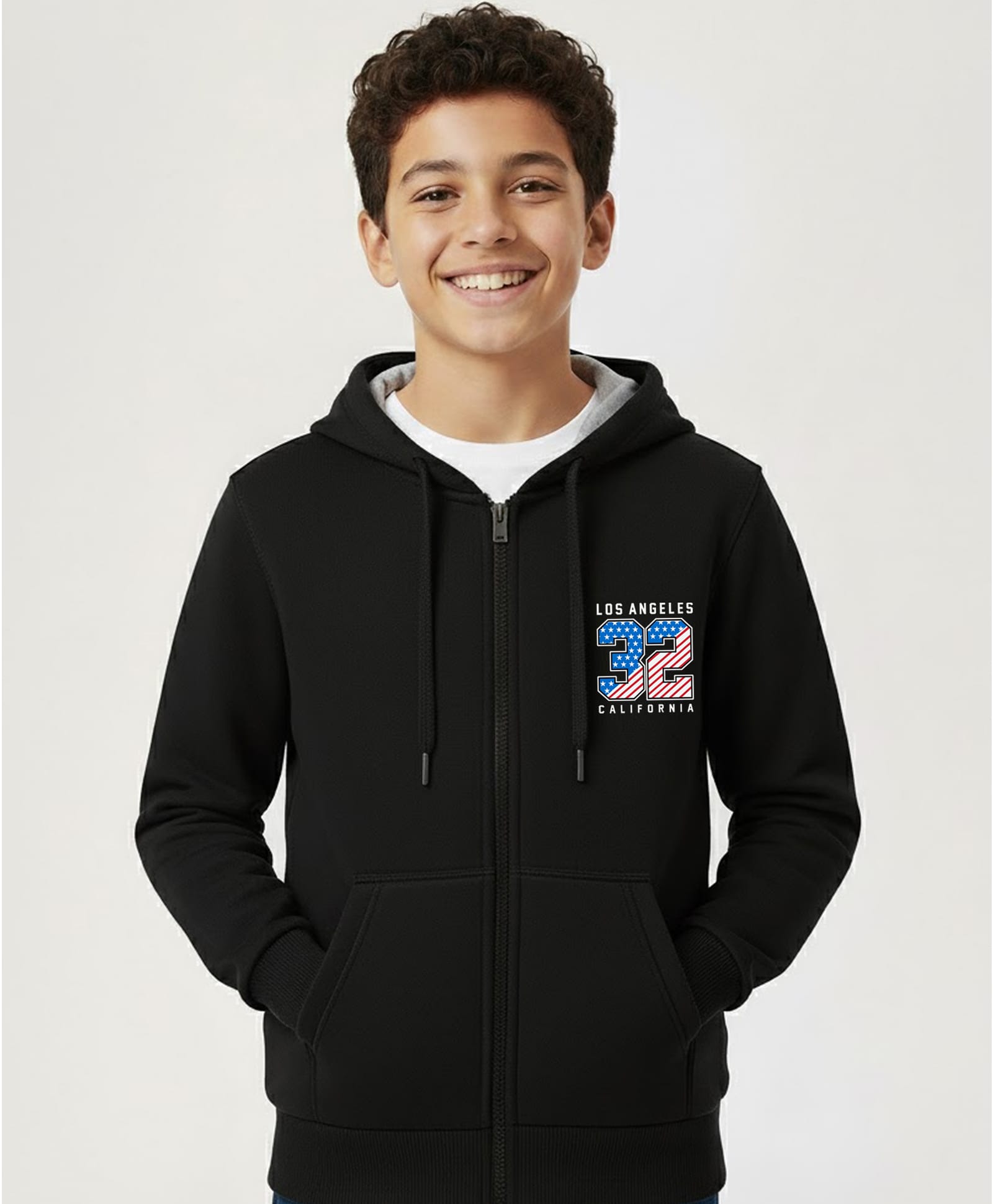 KUCHIPOO Fleece Knit Full Sleeves Los Angeles 32 Text Printed Light Winter Hooded Jacket - Black-image-36