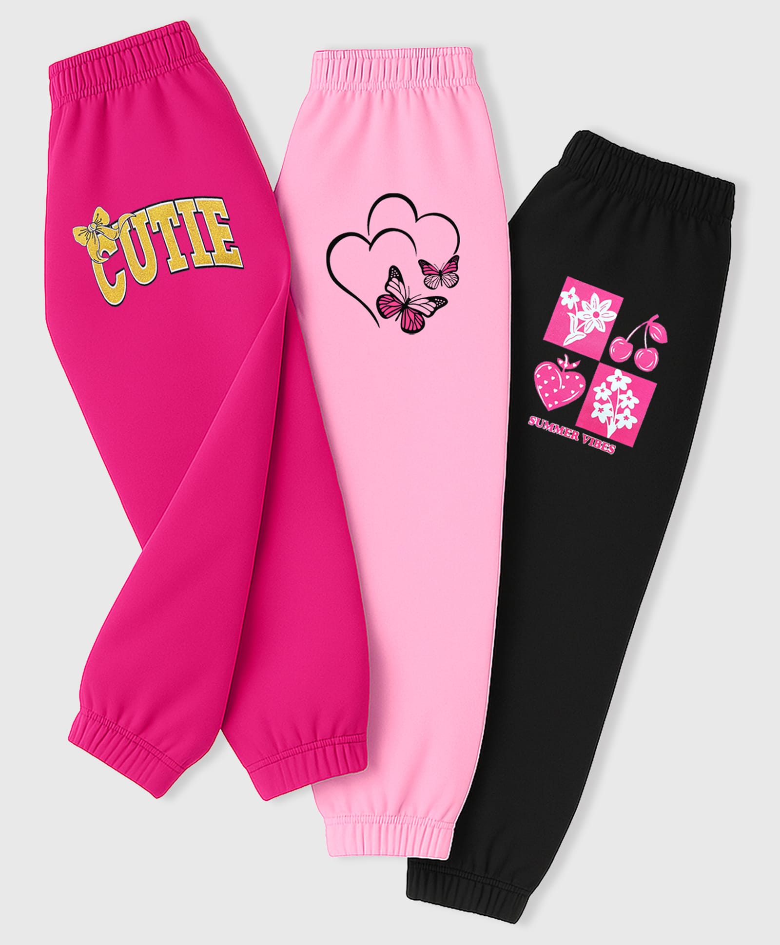 KUCHIPOO Fleece Knit Pack Of 3 Hearts And Typography Printed Trackpants - Multi Colour-image-8