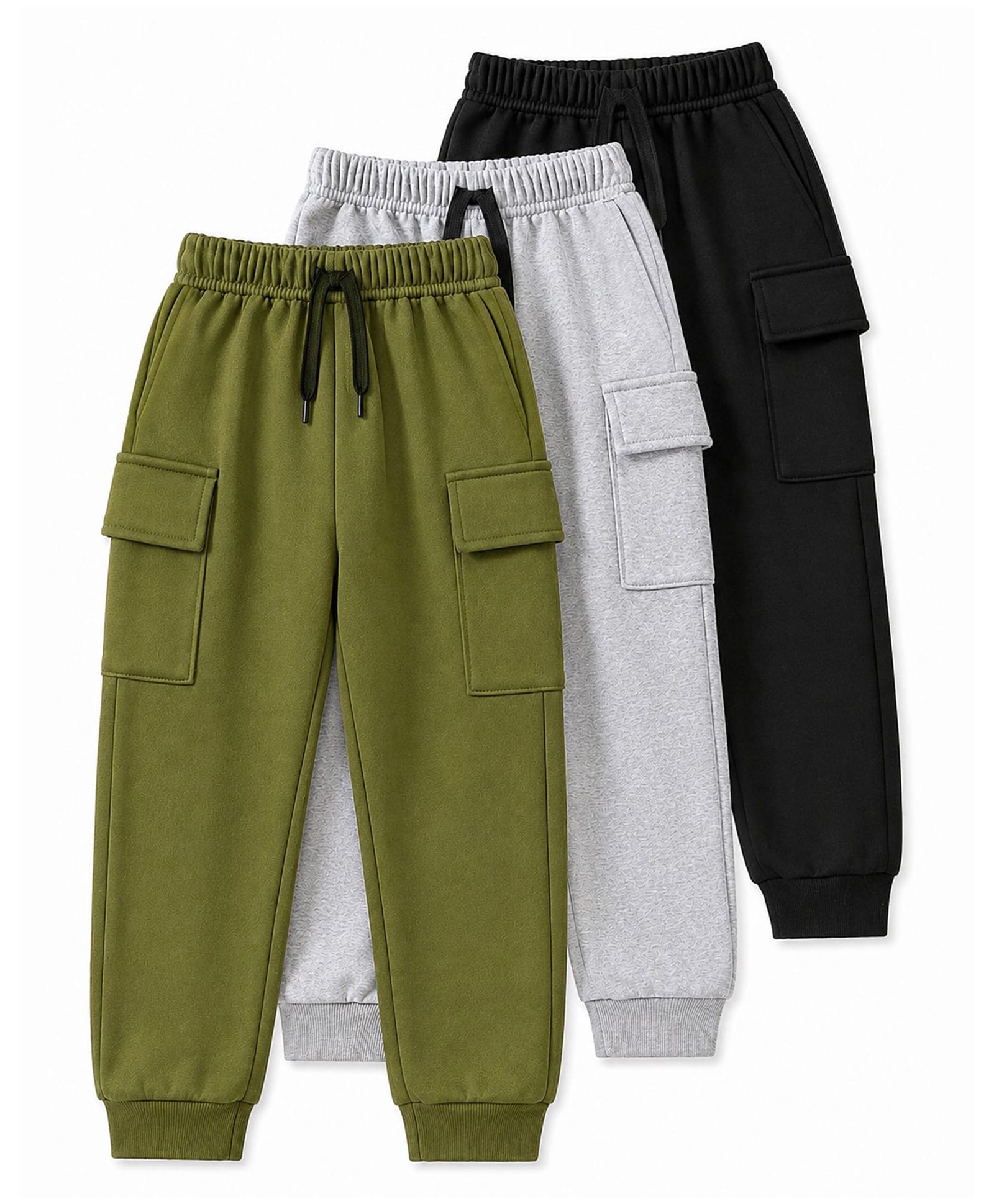 KUCHIPOO Cotton Blend Knit Pack Of 3 Solid Cargo Trackpants - Multi Colour-picture-45