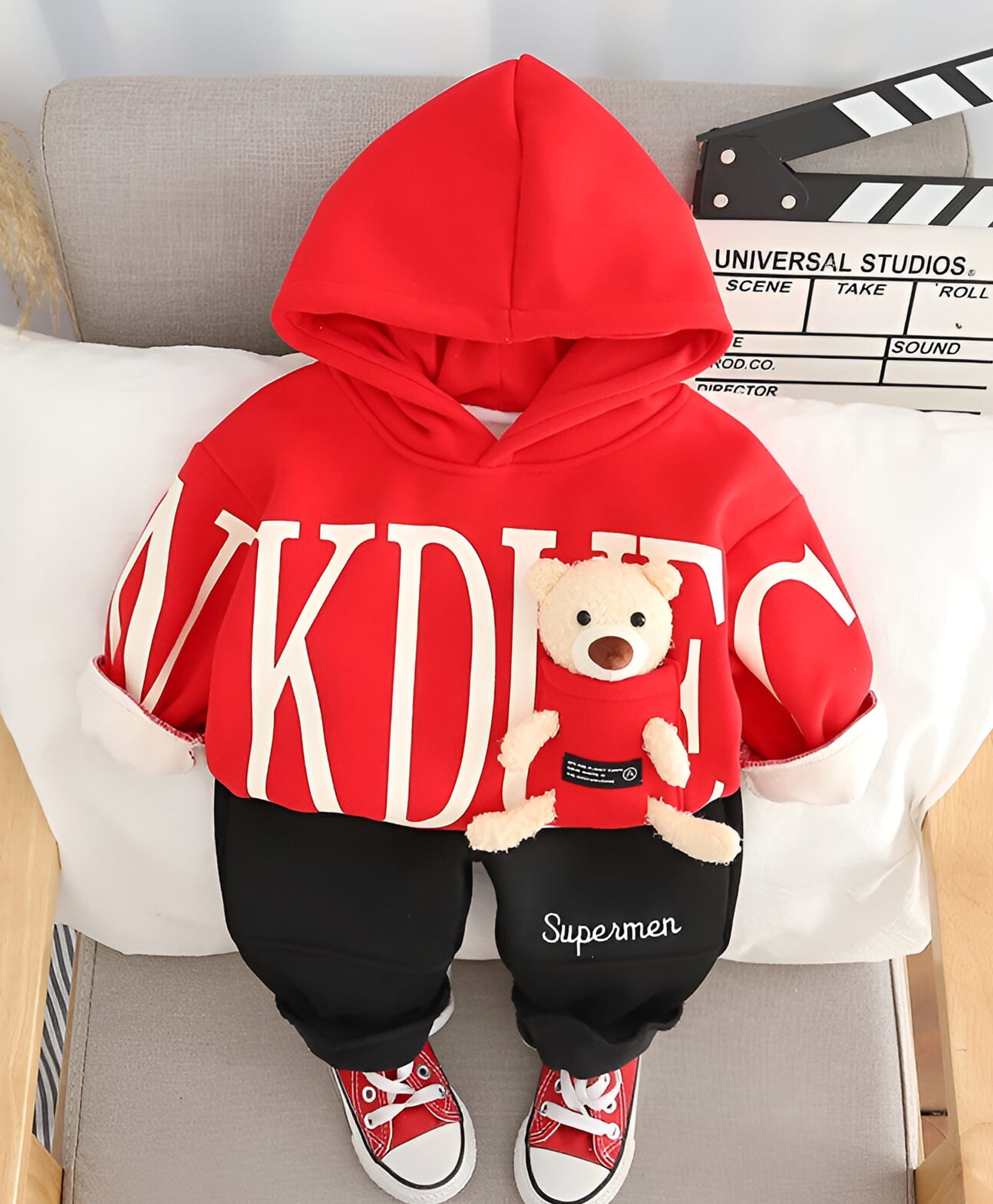 Googo Gaaga Fleece Knit Full Sleeves Teddy Bear Applique Detailed Typography Printed Winter Hooded Sweatshirt & Trousers Set - Red-image-48