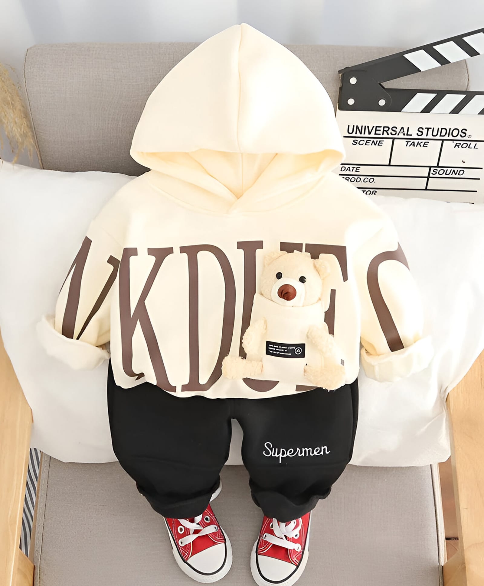 Googo Gaaga Fleece Knit Full Sleeves Teddy Bear Applique Detailed Typography Printed Winter Hooded Sweatshirt & Trousers Set - Cream-picture-26