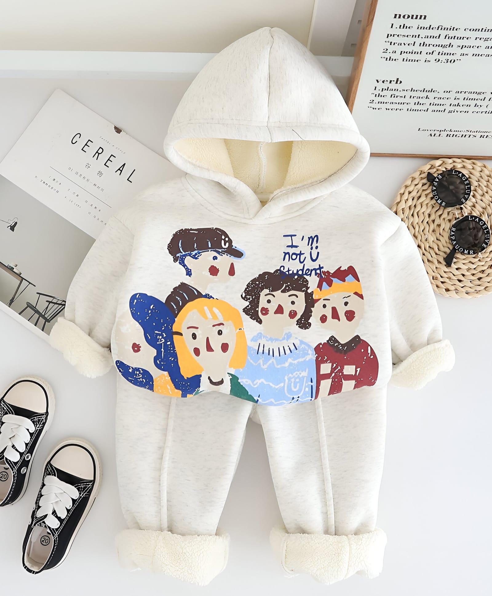 Googo Gaaga Fleece Knit Full Sleeves Kids Printed Winter Hooded Sweatshirt & Trousers Set - Cream-image-7