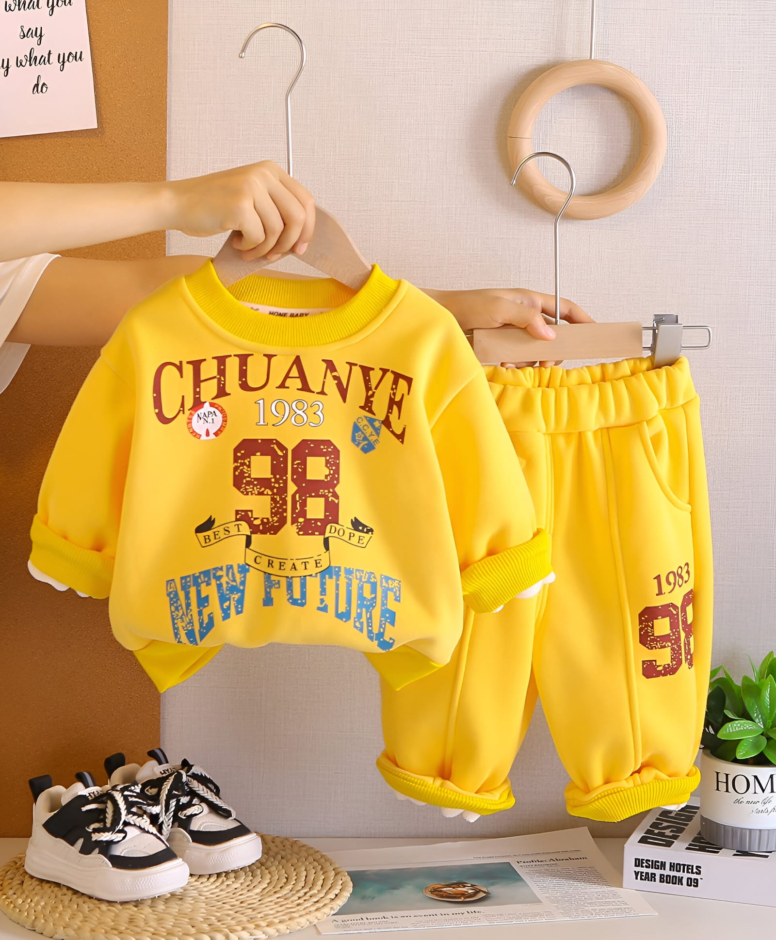 Googo Gaaga Fleece Knit Full Sleeves 98 Number Printed Winter Sweatshirt & Trousers Set - Yellow-picture-17
