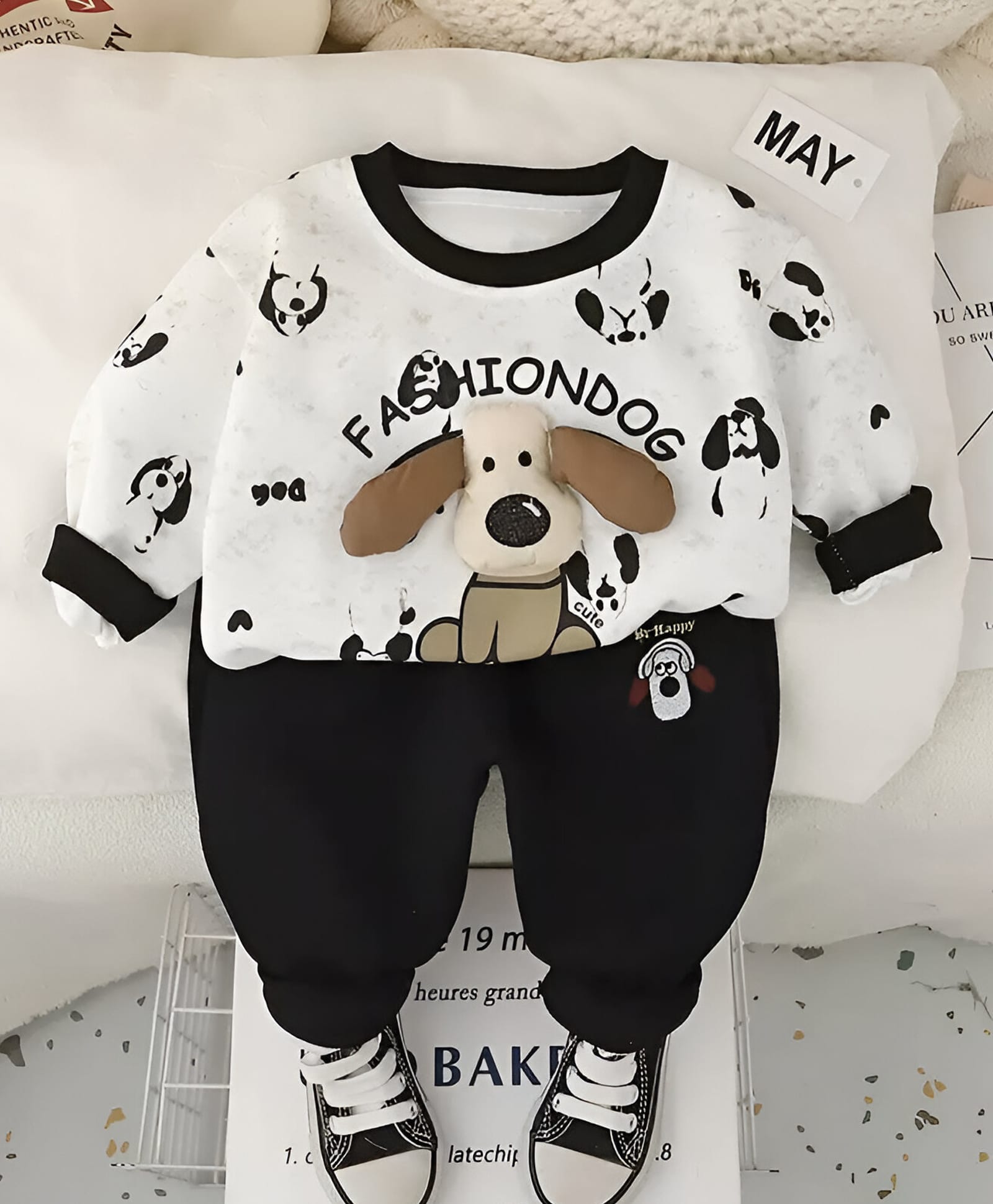 Googo Gaaga Fleece Knit Full Sleeves All Over Dog Printed & Applique Detailed Winter Sweatshirt & Trousers Set - White-picture-28