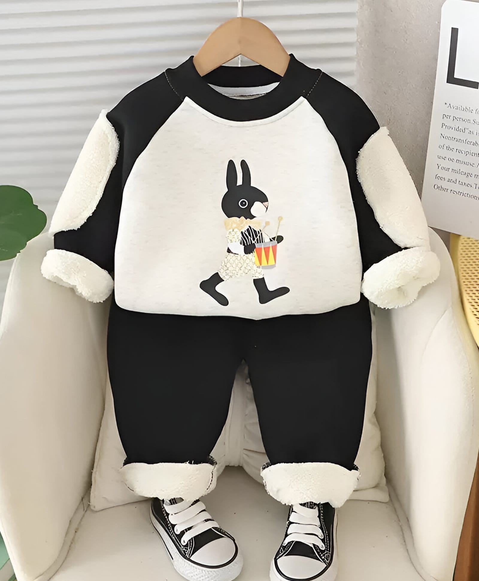 Googo Gaaga Fleece Knit Full Sleeves Rabbit Printed Fur Elbow Patch Detailed Winter Sweatshirt & Trousers Set - Cream-picture-15