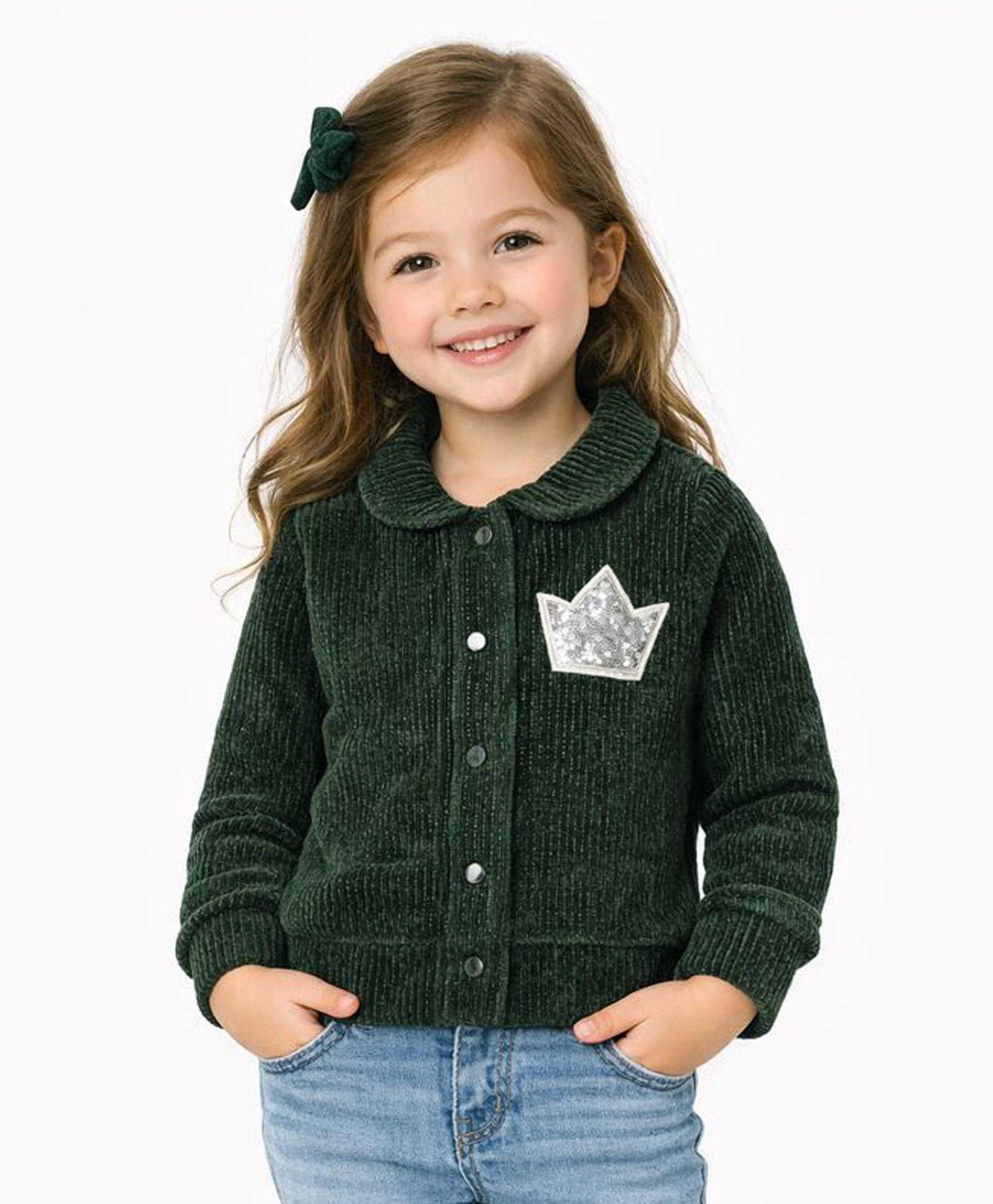 Sportking Knit Full Sleeves Crown Designed Sequins Embellished Light Winter Shacket - Green-picture-2