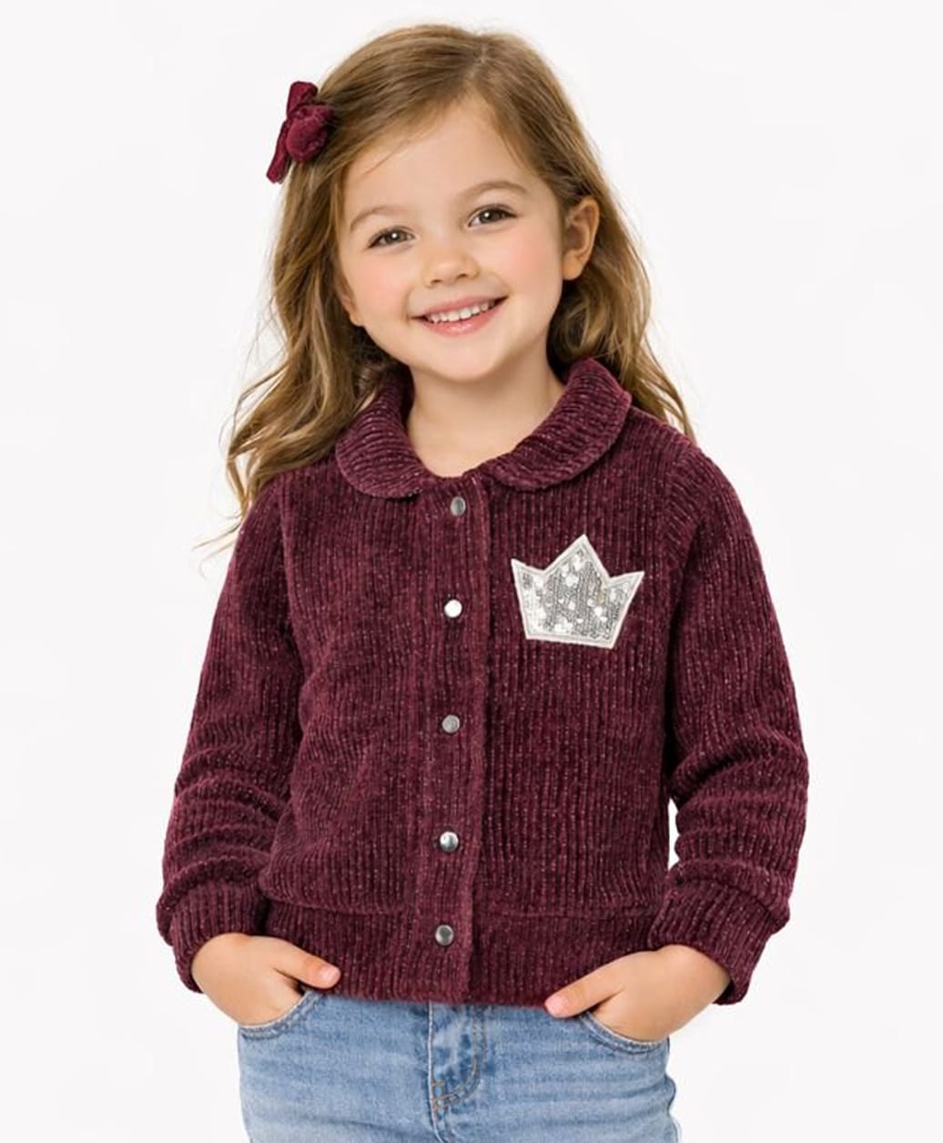 Sportking Knit Full Sleeves Sequinned Crown Embroidered Light Winter Jacket - Wine-image-30