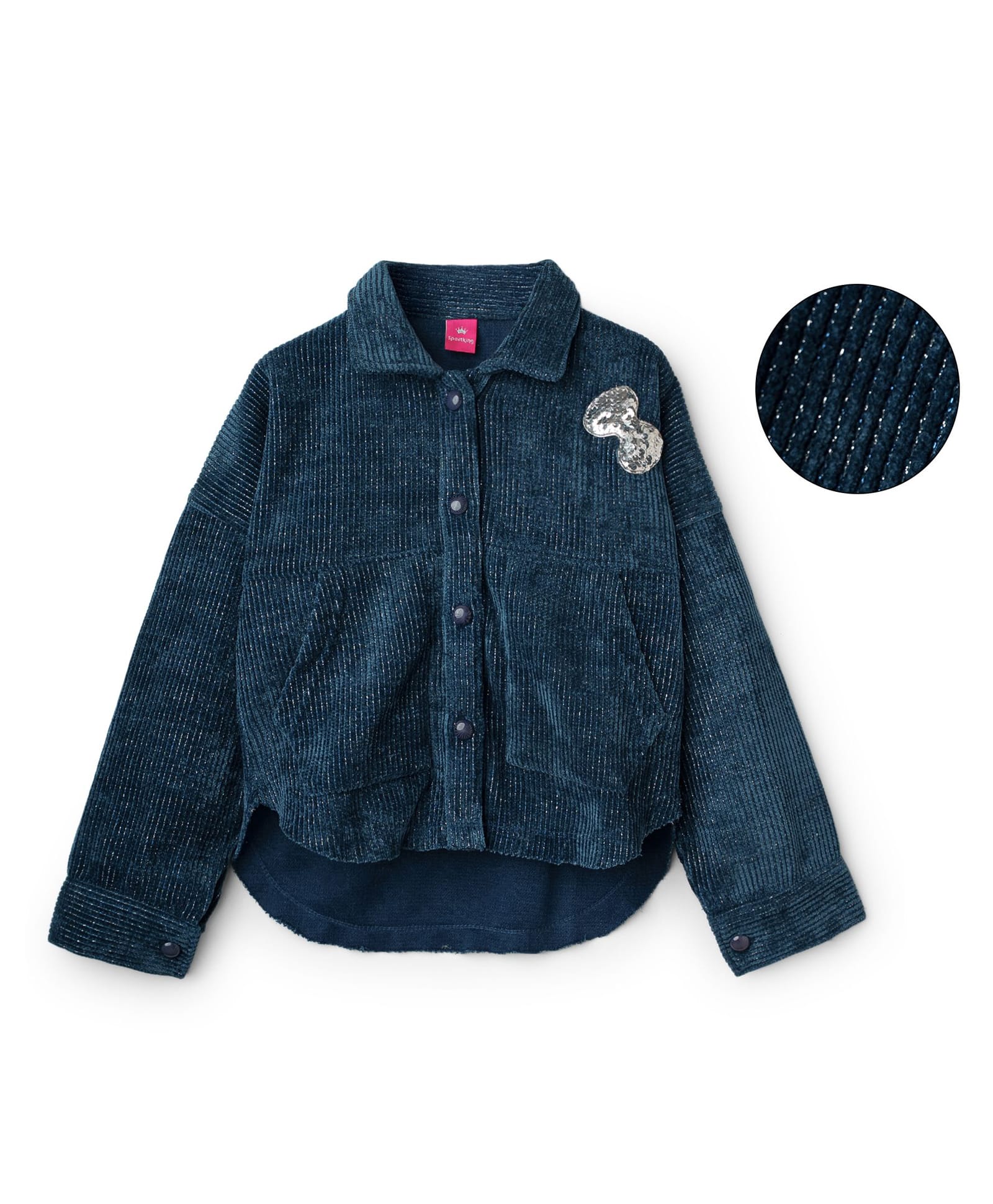 Sportking Knit Full Sleeves Bow Applique Detailed Sequins Embellished Light Winter Shacket - Teal-picture-14
