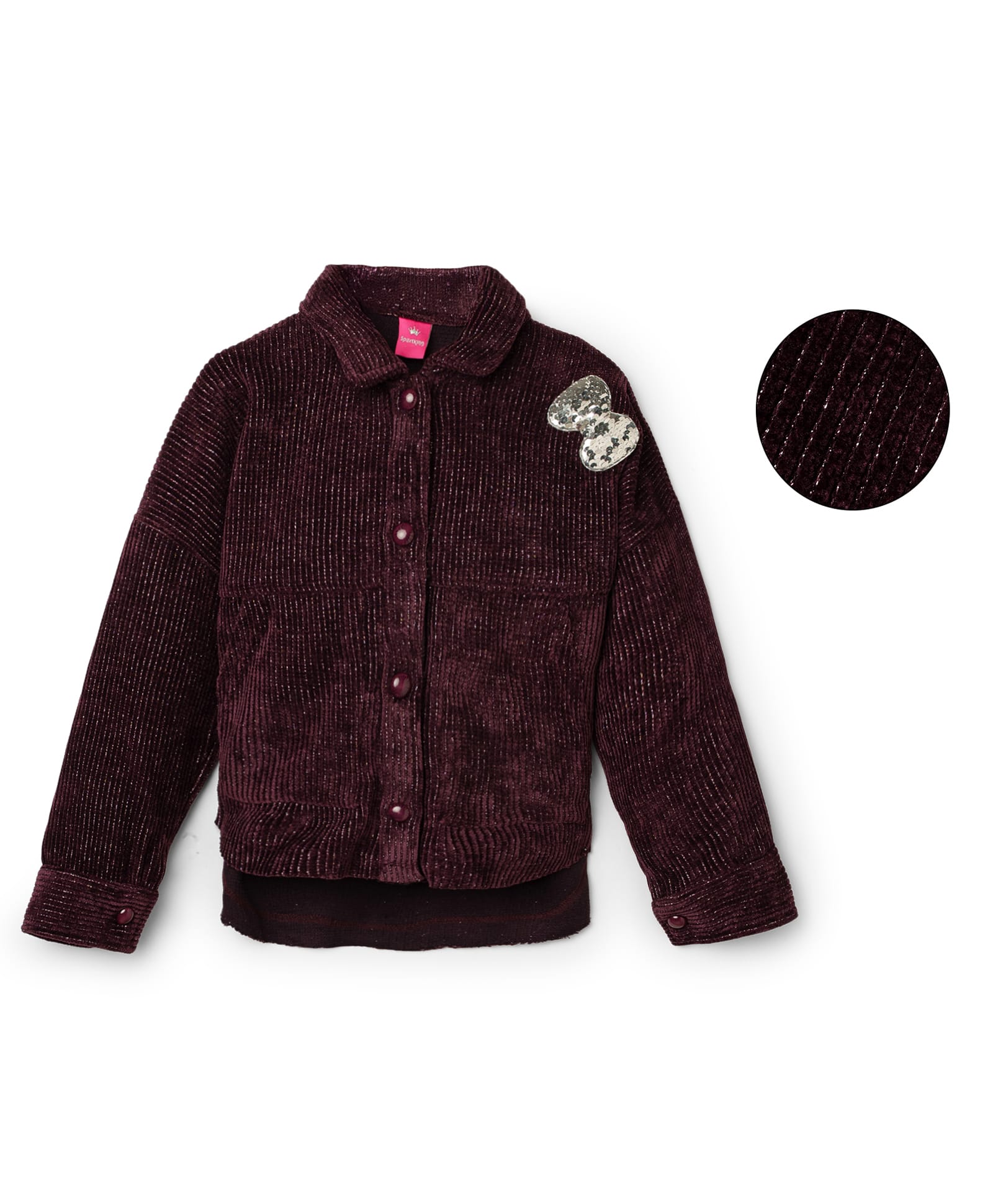 Sportking Knit Full Sleeves Sequins Embellished Bow Applique Detailed Light Winter Shacket - Wine-image-39