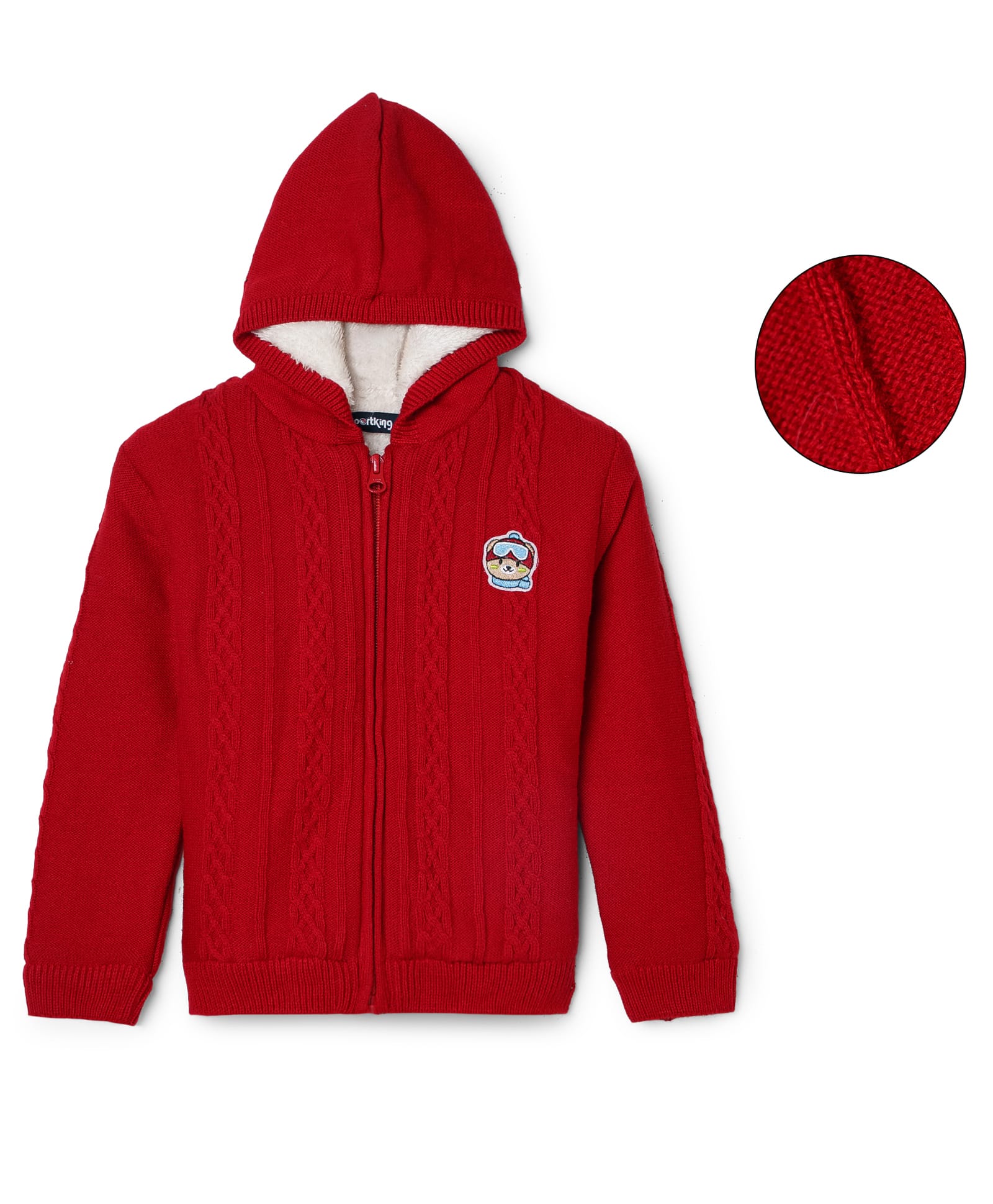 Sportking Knit Full Sleeves Cable Knit Designed Animal Patch Detailed Light Winter Sweater - Red-picture-47