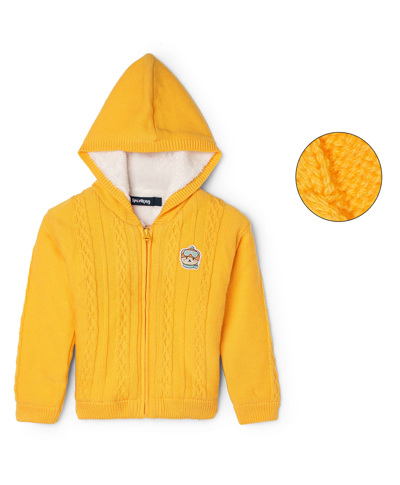Sportking Knit Full Sleeves Animal Patch Detailed Light Winter Hooded Sweater - Yellow-picture-26
