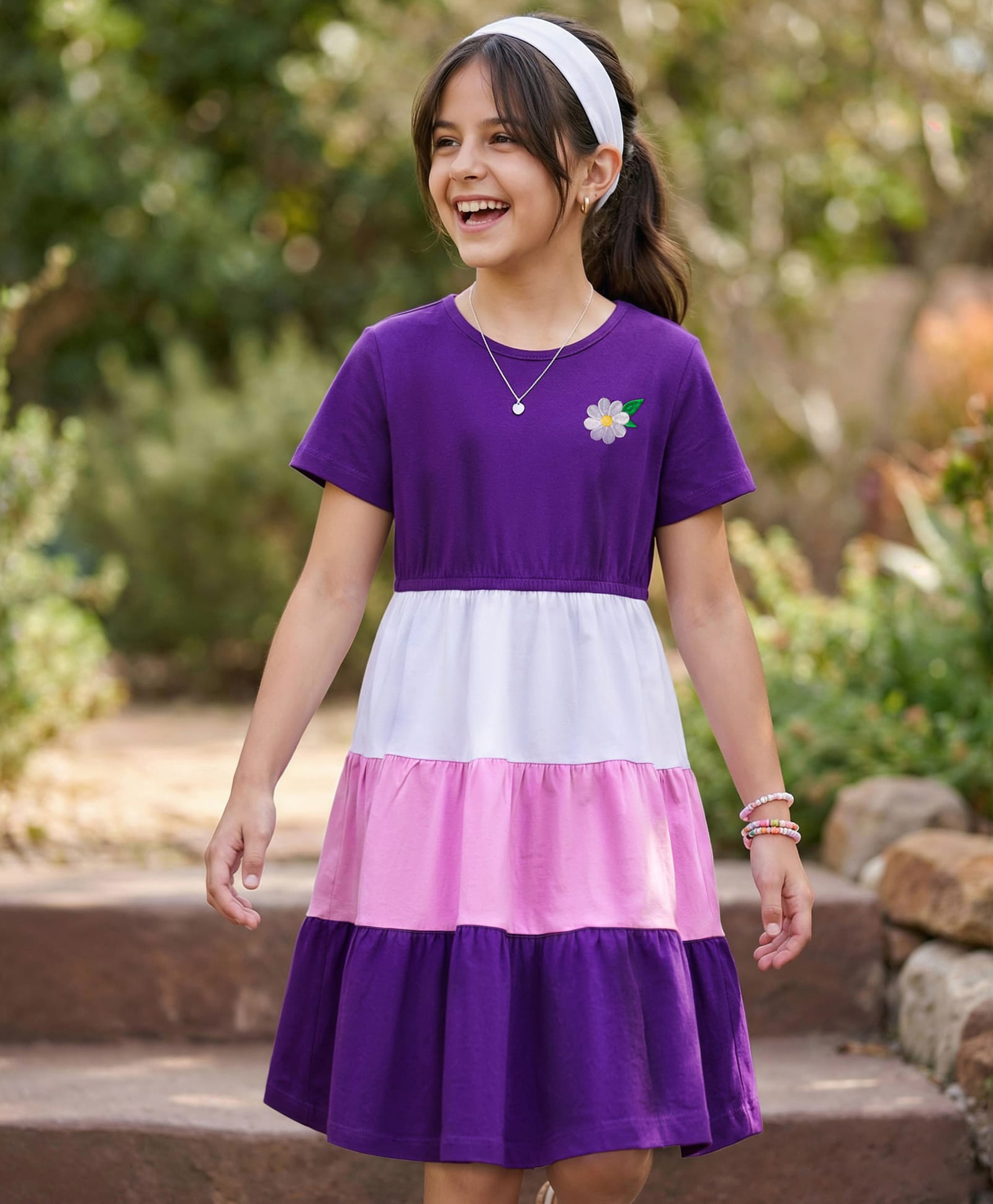 Pine Kids Cotton Knit Half Sleeves Tiered Frock with Floral Embroidery - Pink-image-32