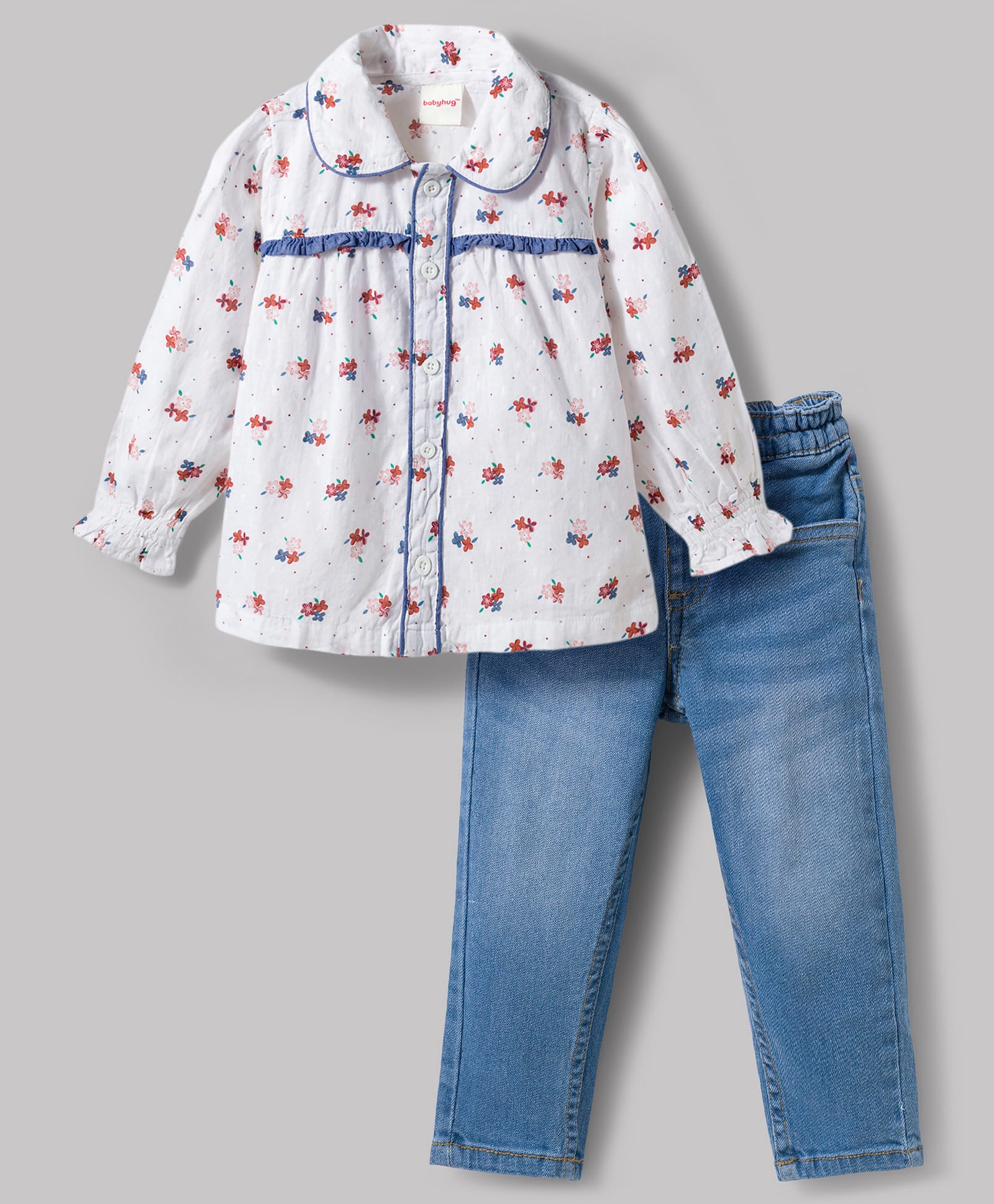 Babyhug Cotton Woven Full Sleeves Floral Printed Top & Jeans Set - Light Blue-image-37