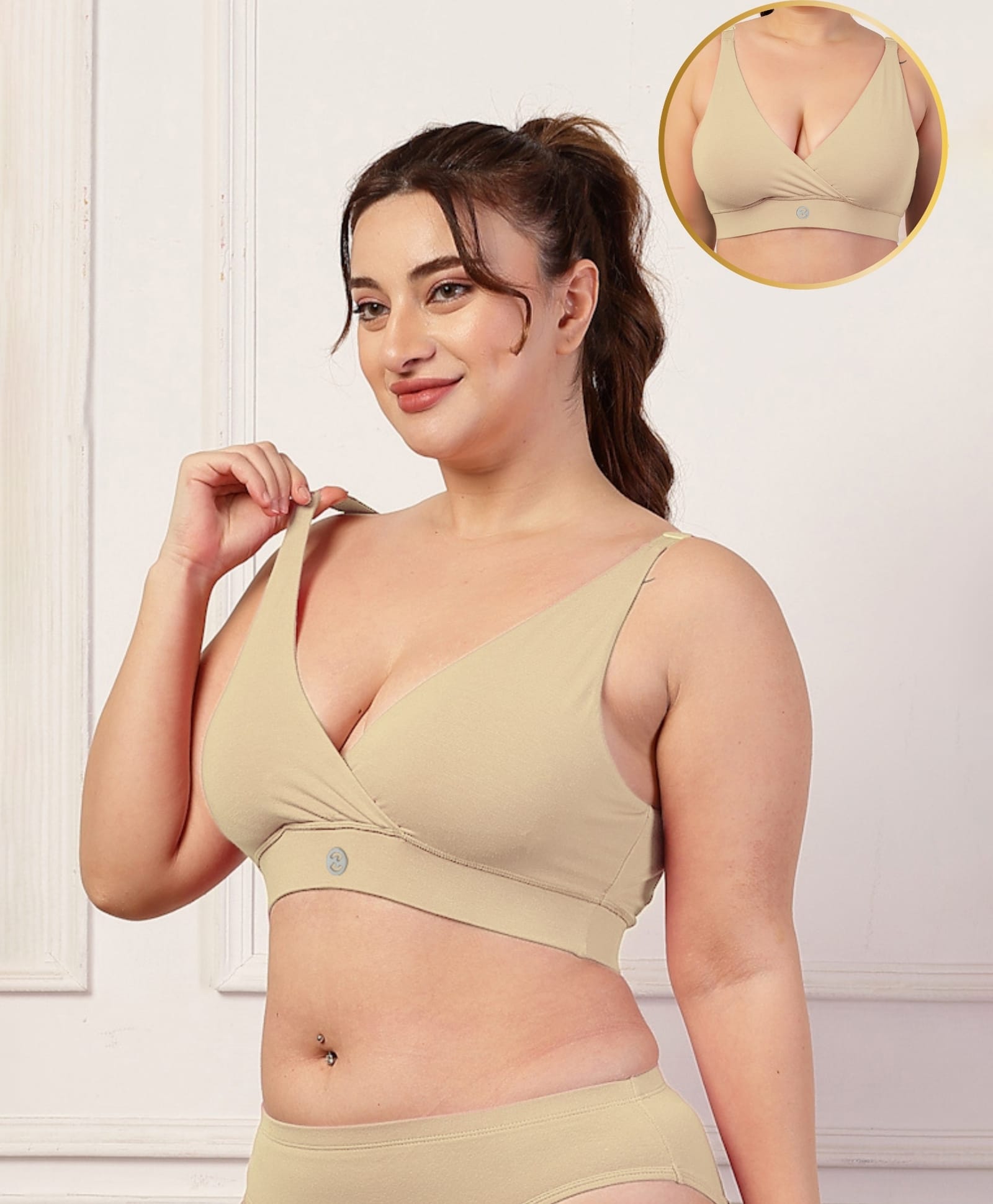 Zelena 92% Cotton 8% Lycra Woven Solid Adjustable Strap Soft & Stretchable Nursing Bra - Beige-picture-10