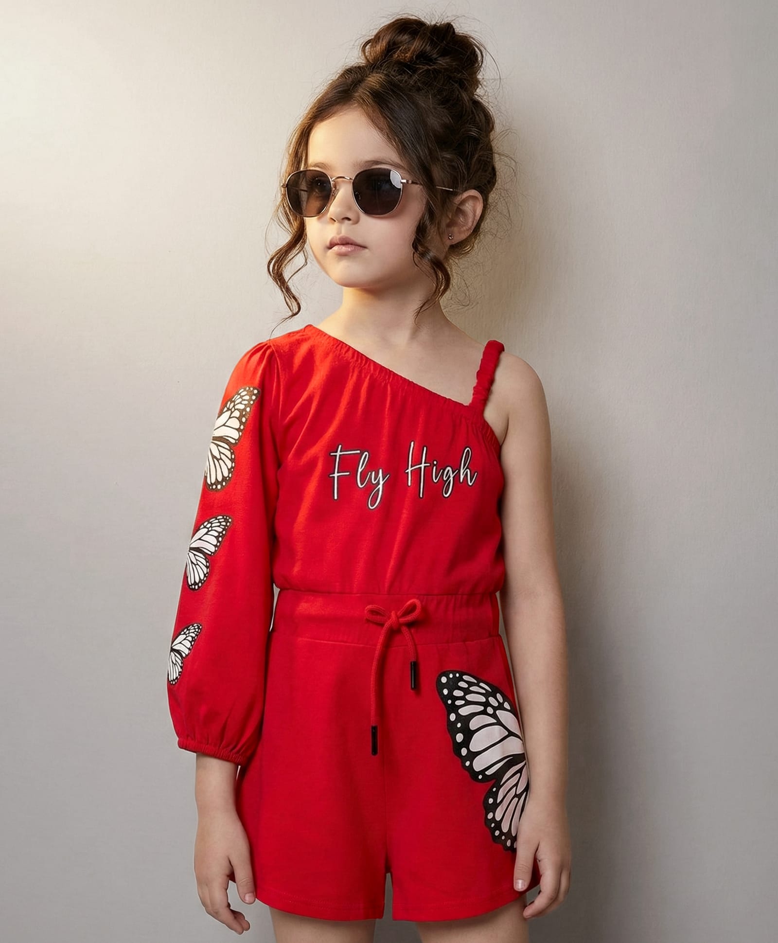 OLLINGTON ST. 100% Cotton One Shoulder Full Sleeves Jumpsuit - Red