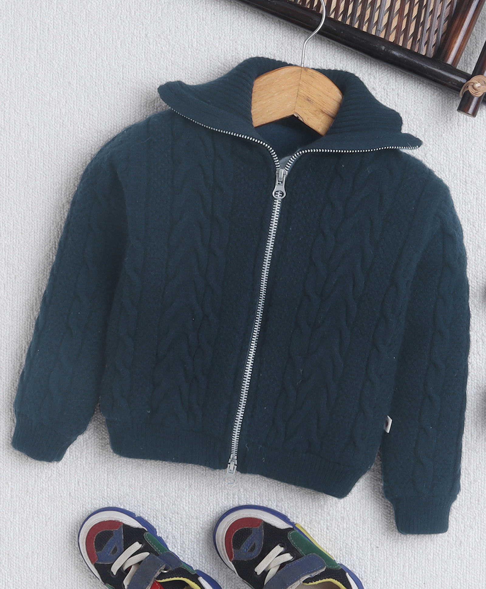 Yellow Apple Knit Full Sleeves Front Open Sweater With Cable Knit Design - Navy Blue-picture-24