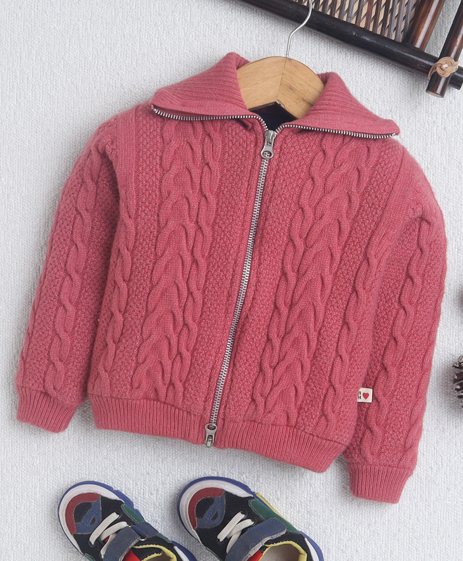 Yellow Apple Knit Full Sleeves Front Open Sweater With Cable Knit Design - Pink-picture-23