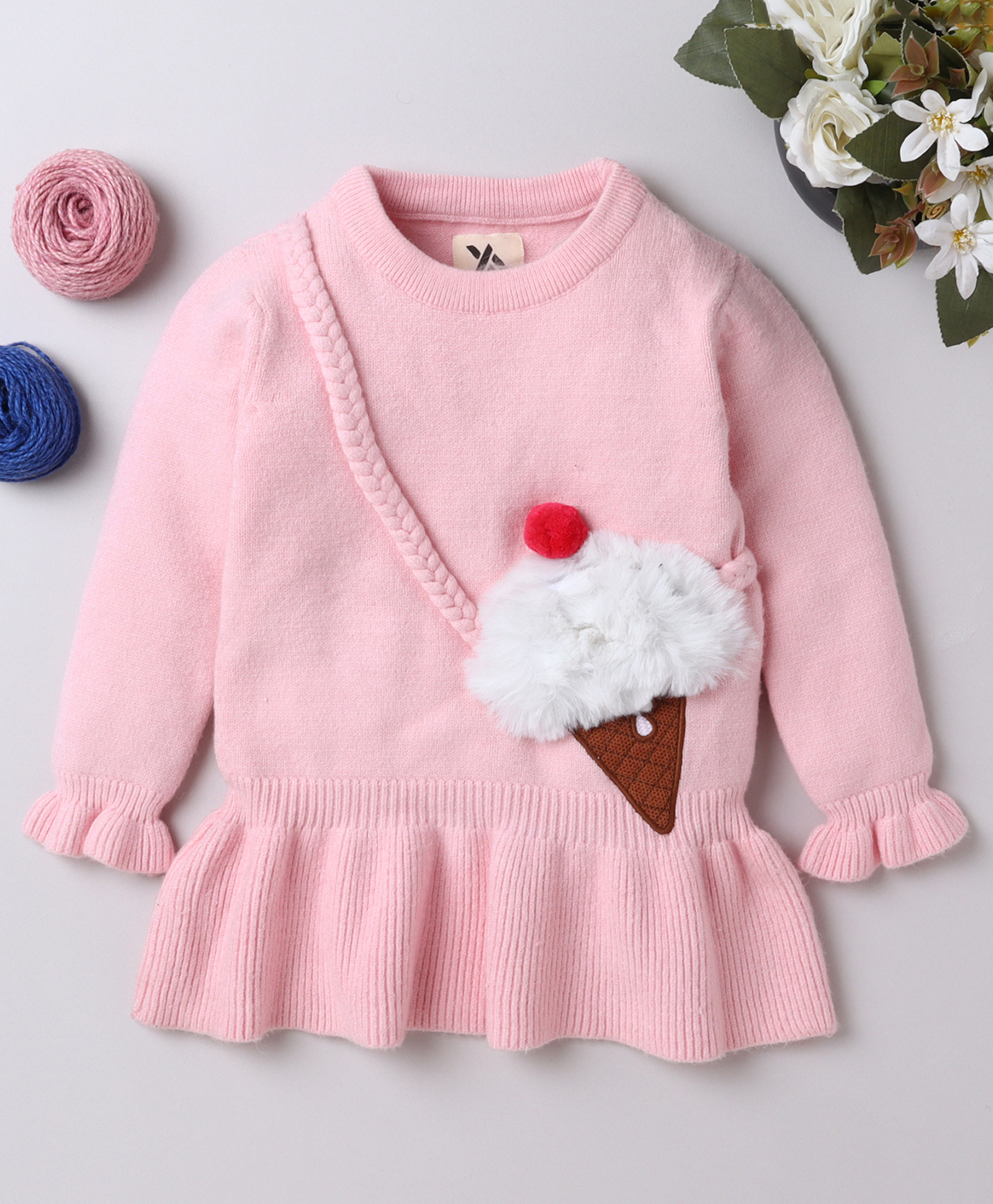 Yellow Apple Knit Full Sleeves Pullover Sweater With Ice Cream Embriodery - Pink-picture-28