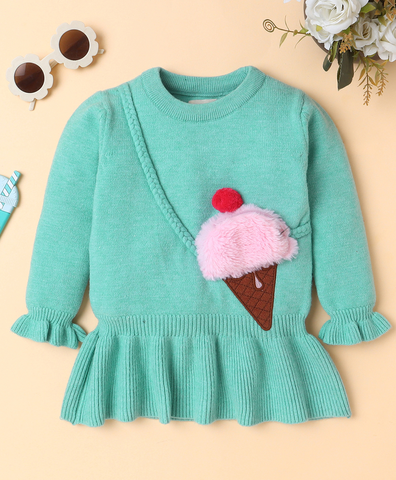 Yellow Apple Knit Full Sleeves Pullover Sweater With Ice Cream Embriodery - Aqua-image-17