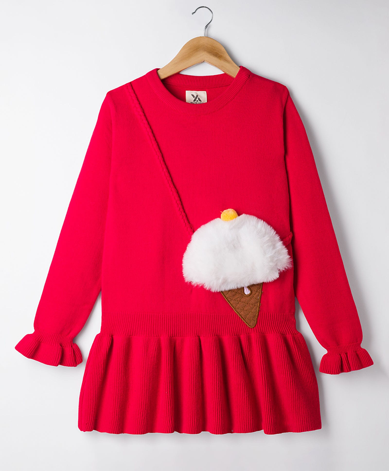Yellow Apple Knit Full Sleeves Pullover Sweater With Ice Cream Embriodery - Red-picture-31