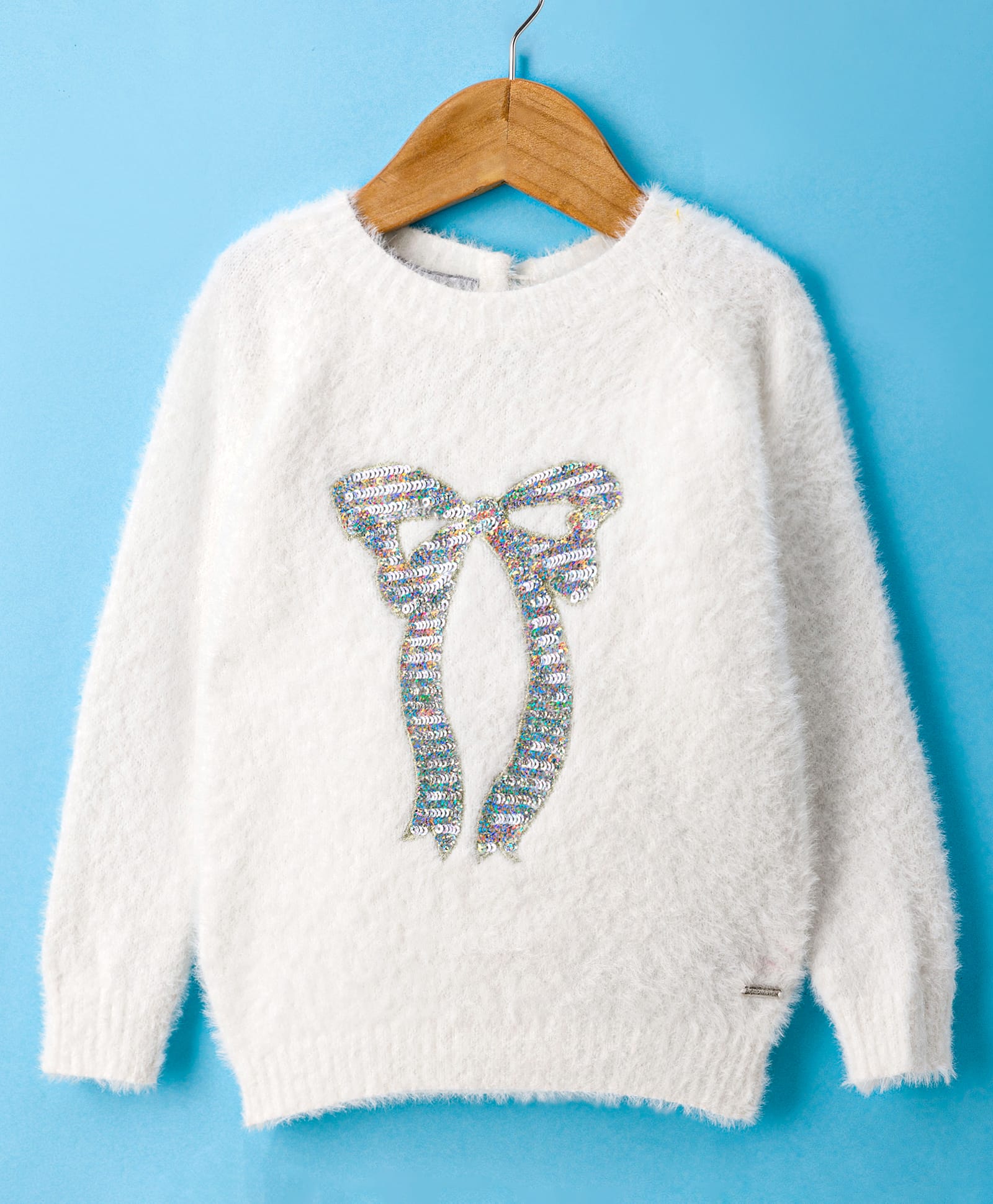 Yellow Apple Knit Full Sleeves Pullover Sweater With Sequin Detailing - White