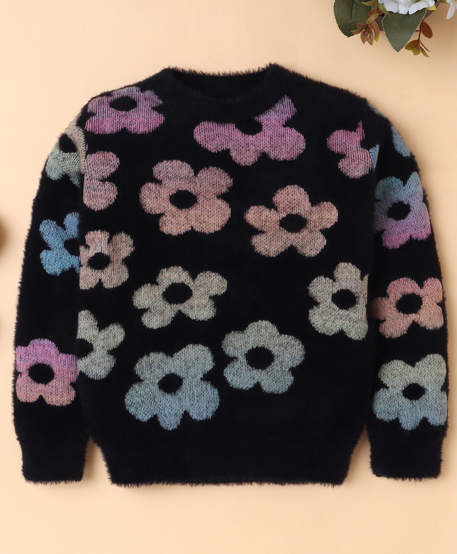 Yellow Apple Knitted Full Sleeves Pullover Sweater With Floral Design - Black-picture-28