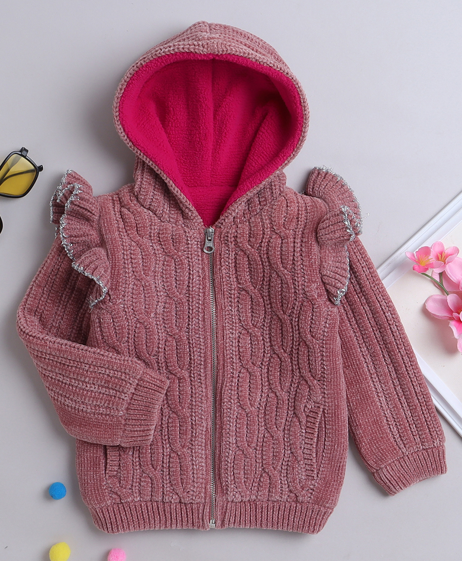 Yellow Apple Knit Full Sleeves Hooded Front Open Sweater With Cable Knit Design - Pink-picture-27