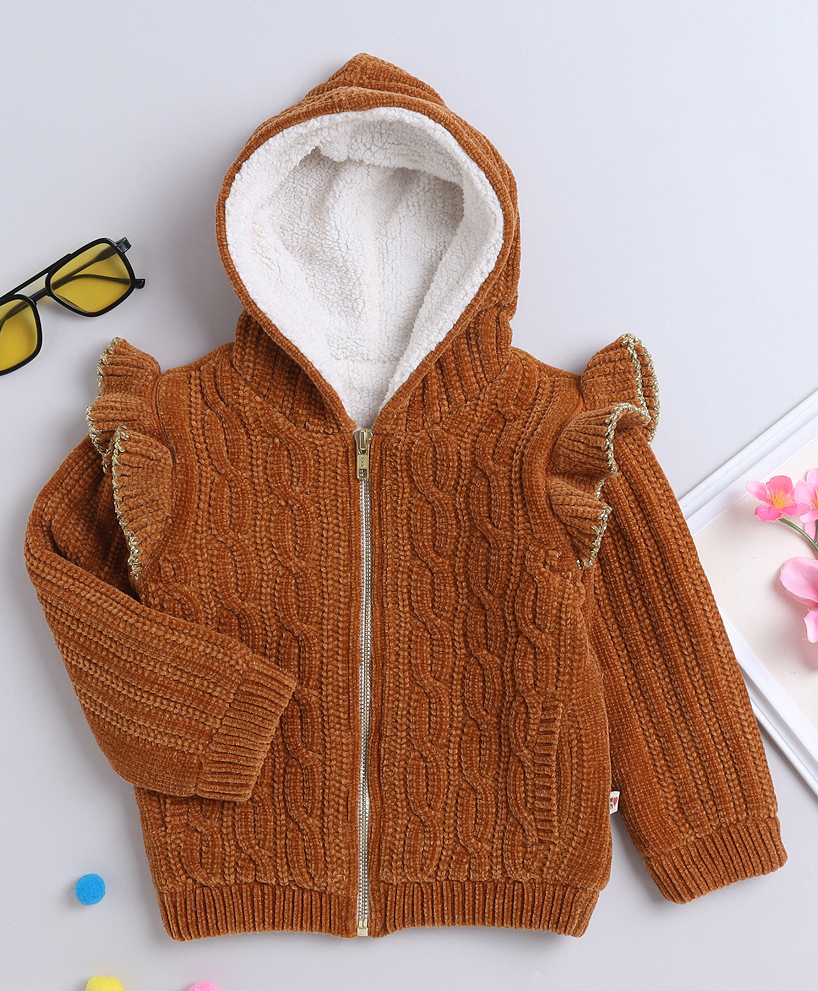 Yellow Apple Knit Full Sleeves Hooded Front Open Sweater With Cable Knit Design - Rust Orange-image-35