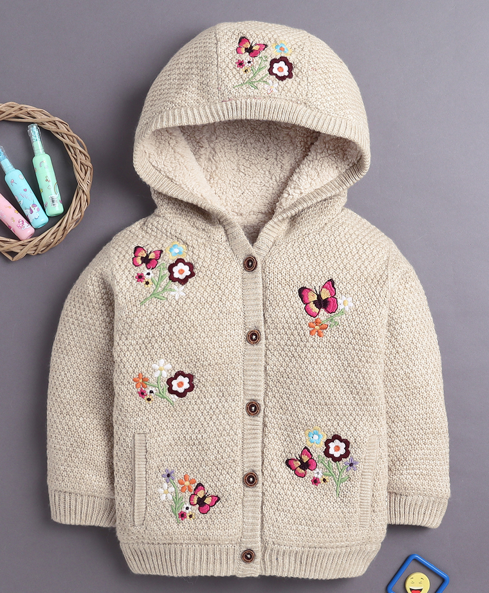 Yellow Apple Knit Full Sleeves Hooded Front Open Sweater With Floral Embroidery - Cream-picture-18