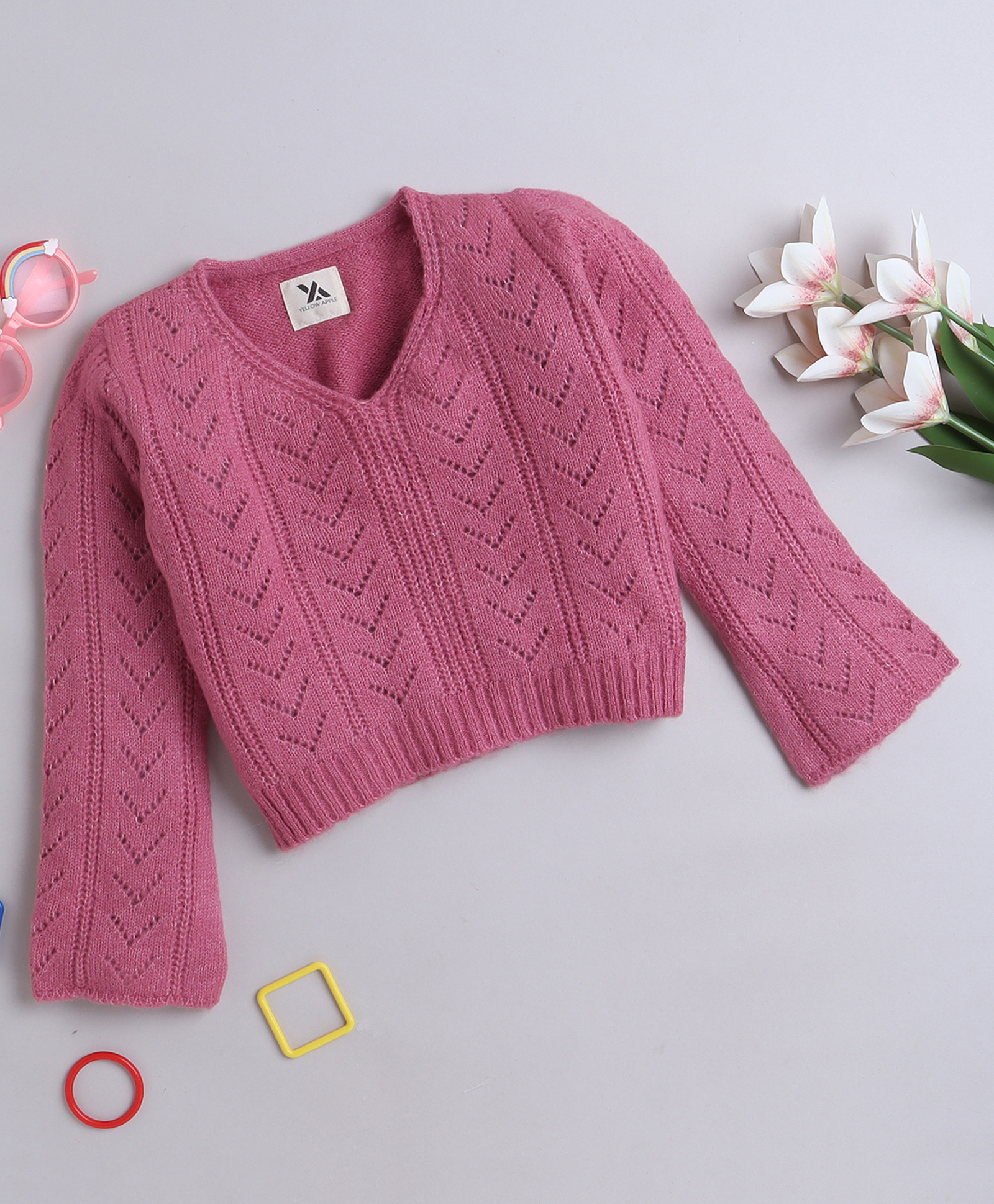 Yellow Apple Full Sleeves Pullover Sweater With Design - Pink-image-9
