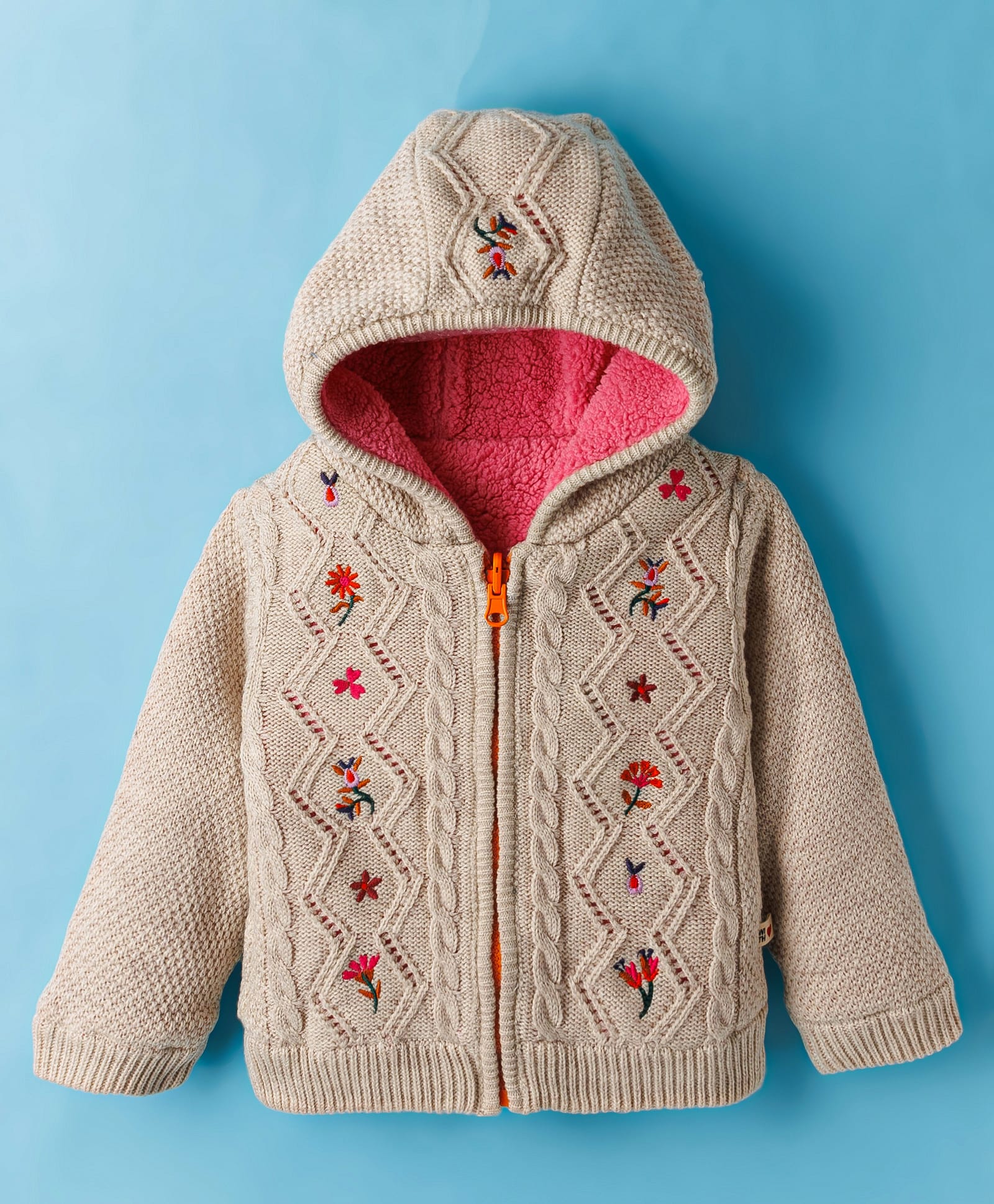 Yellow Apple Knit Full Sleeves Hooded Front Open Sweater With Floral Embroidery - Tan-image-34
