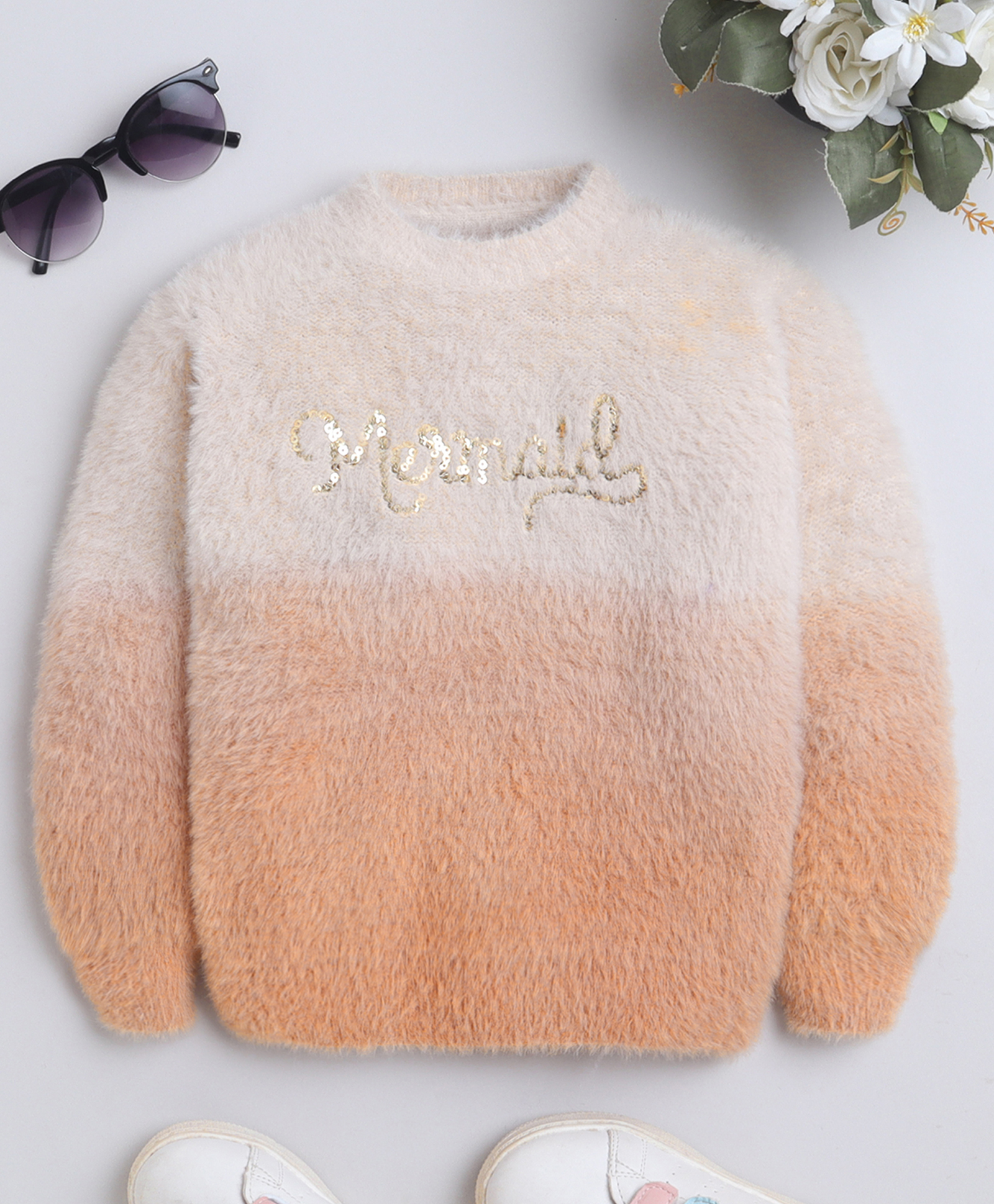 Yellow Apple Knit Full Sleeves Pullover With Sequin Detailing - Coral-picture-21