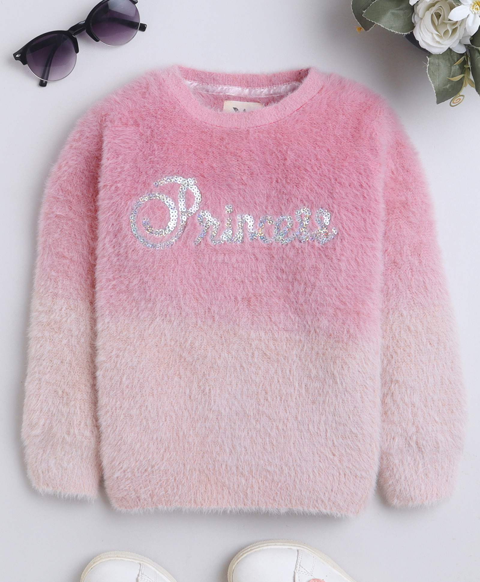 Yellow Apple Knit Full Sleeves Pullover With Sequin Detailing - Pink-picture-35