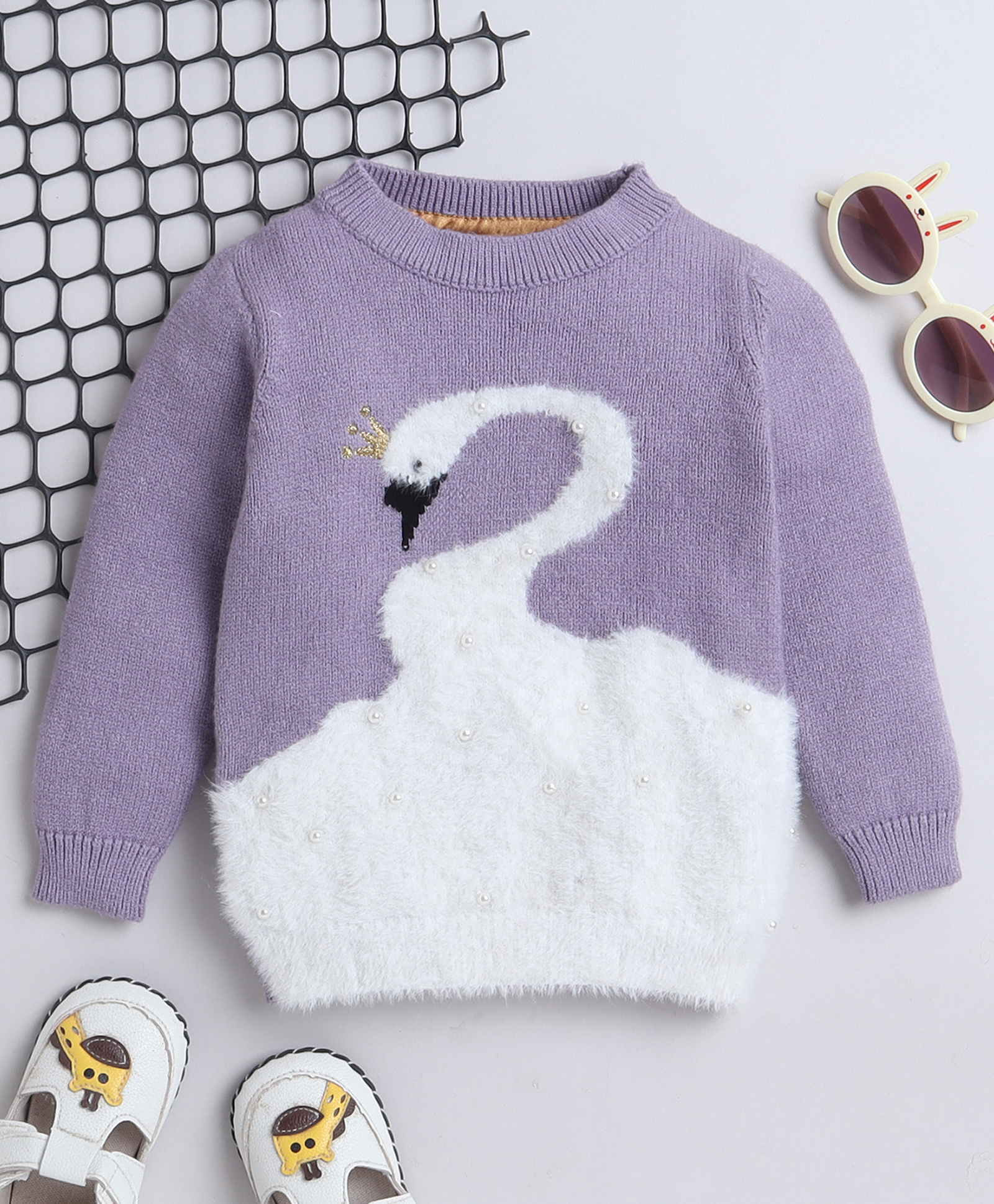 Yellow Apple Knit Full Sleeves Pullover Sweater With Bird Design - Lilac-picture-24