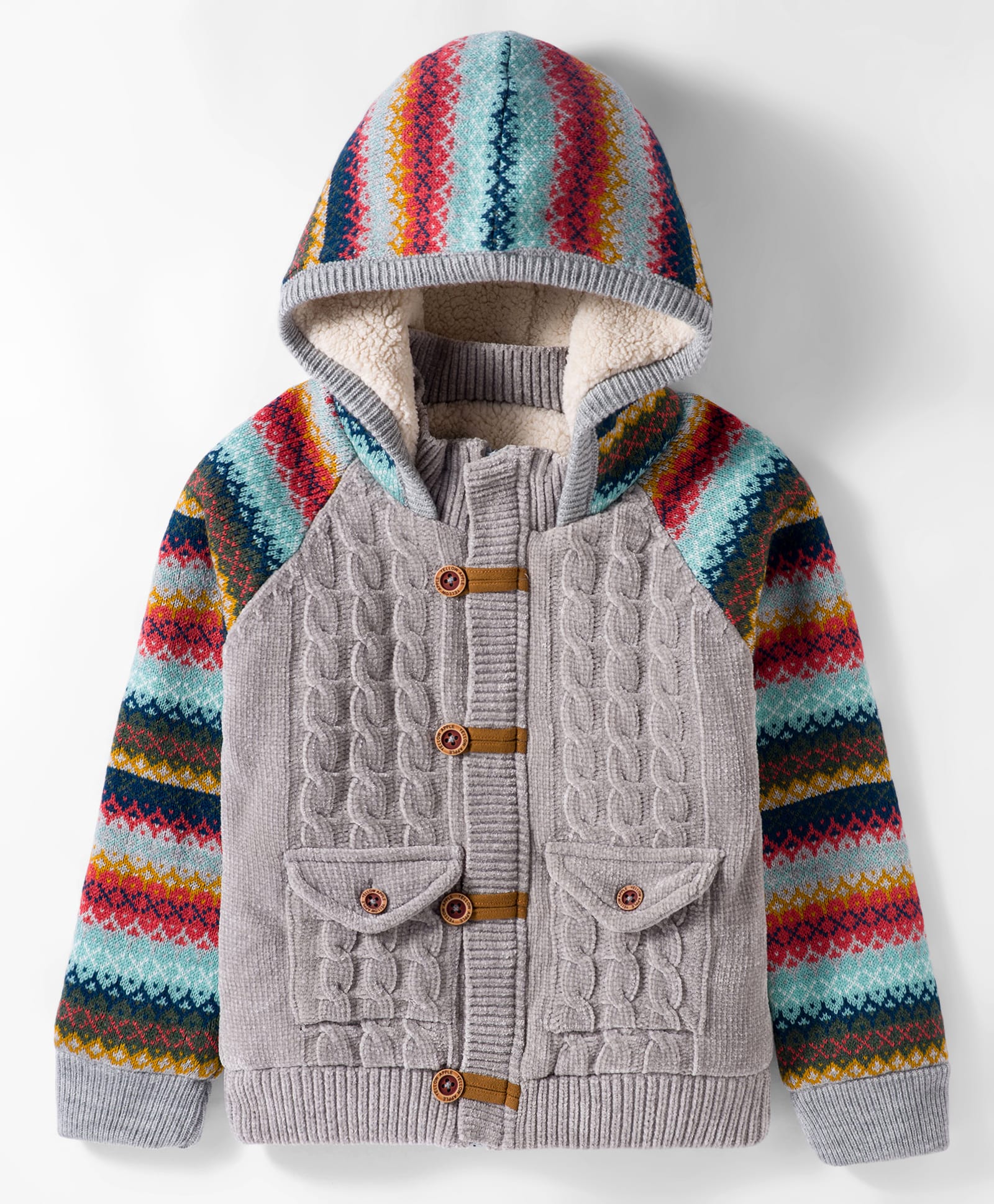 Yellow Apple Knit Full Raglan Sleeves Hooded Front Open Sweater with Cable Knit Design - Grey-picture-22