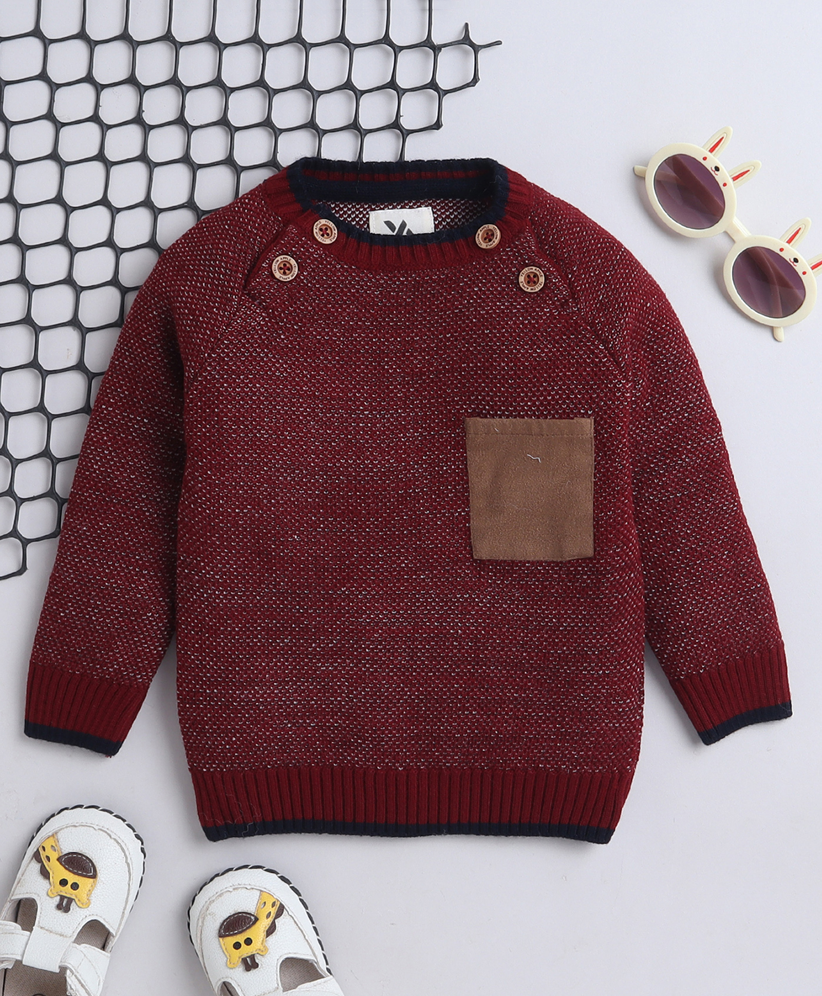 Yellow Apple Knitted Full Raglan Sleeves Solid Pullover Sweater With Pocket - Maroon-picture-27
