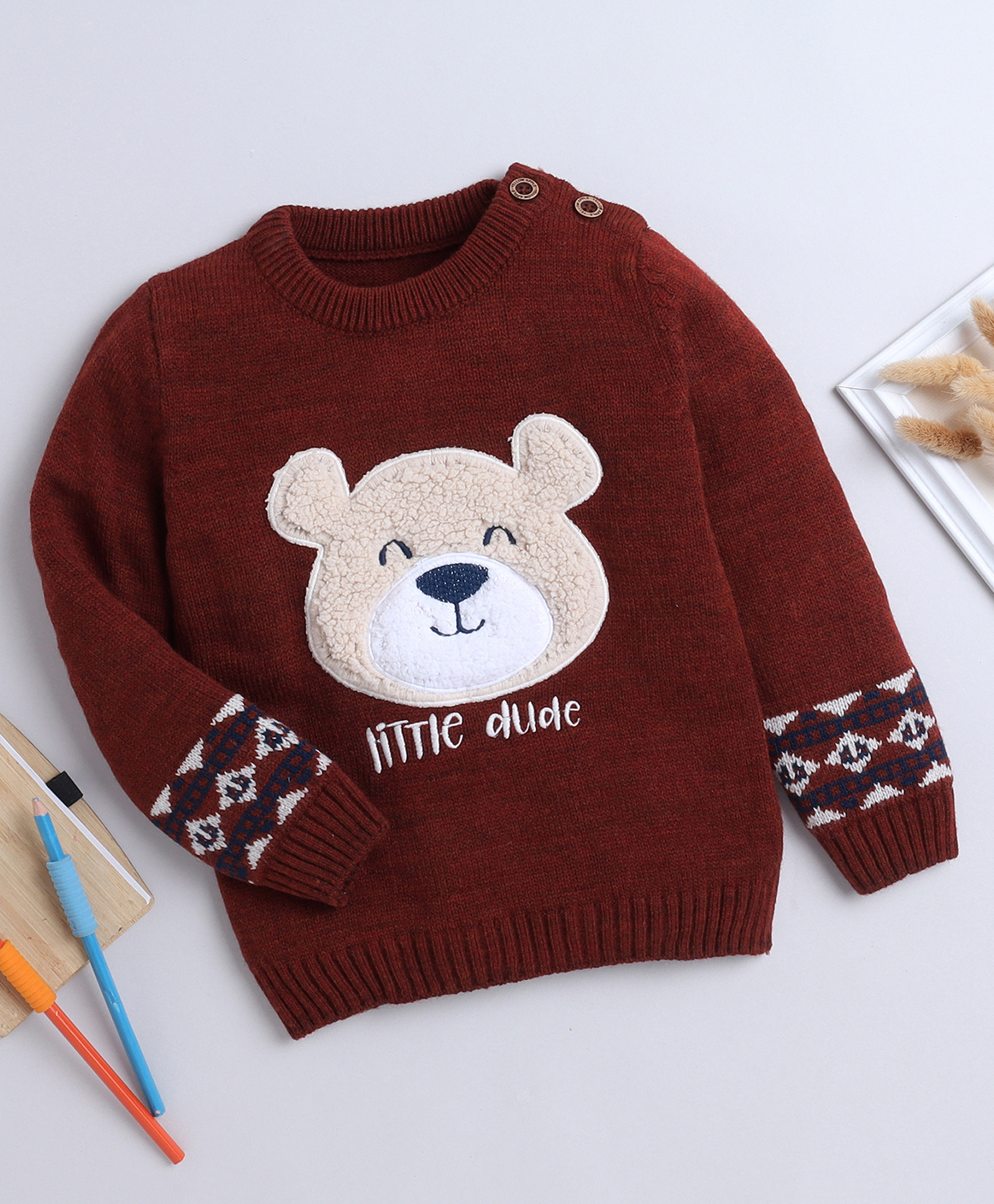 Yellow Apple Knit Full Sleeves Pullover Sweater With Bear Badge - Rust Orange-image-30
