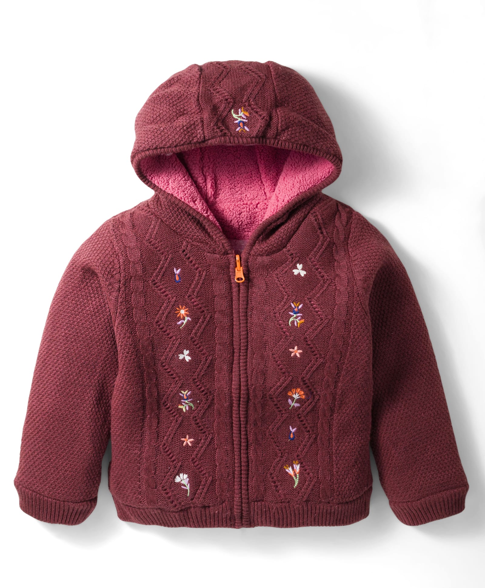 Yellow Apple Knit Full Sleeves Hooded Front Open Sweater With Floral Embroidery - Wine-picture-26